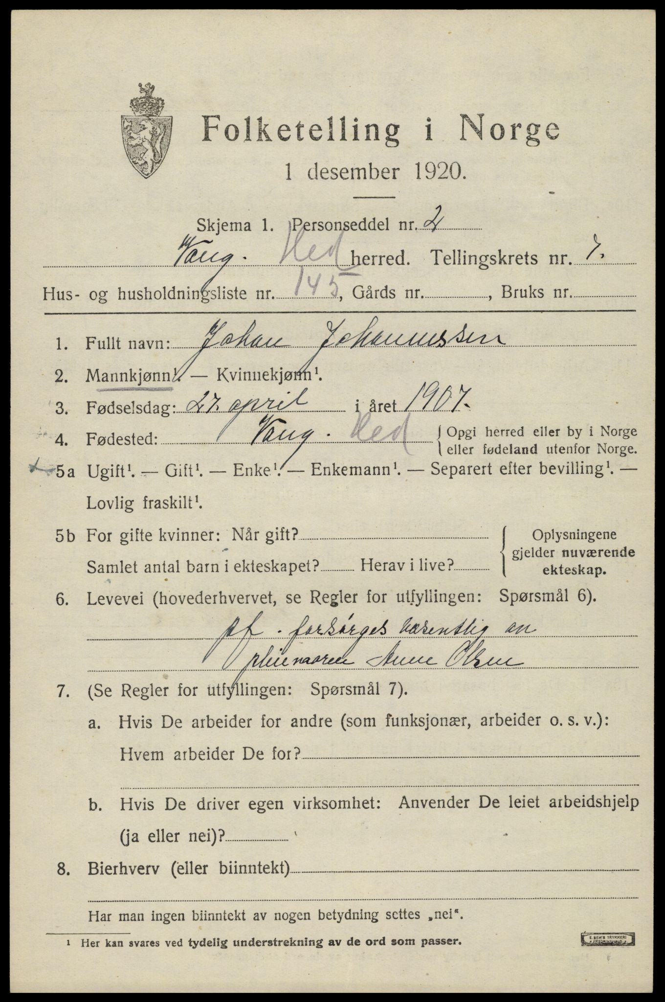 SAH, 1920 census for Vang (Hedmark), 1920, p. 17451