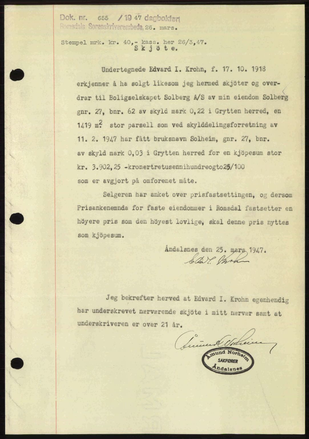 Romsdal sorenskriveri, SAT/A-4149/1/2/2C: Mortgage book no. A22, 1947-1947, Diary no: : 655/1947