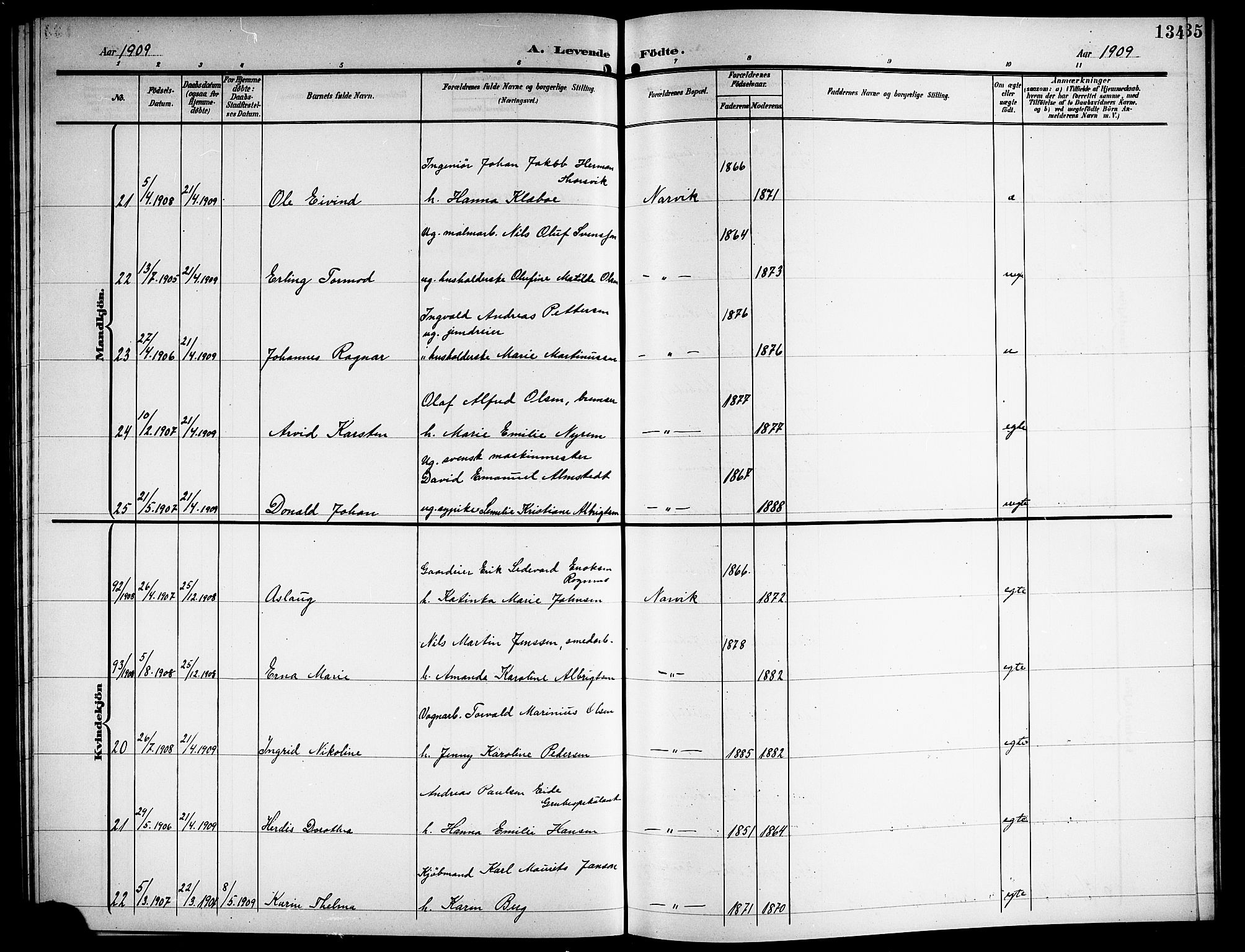 Ministerialprotokoller, klokkerbøker og fødselsregistre - Nordland, AV/SAT-A-1459/871/L1012: Parish register (copy) no. 871C01, 1902-1909, p. 134