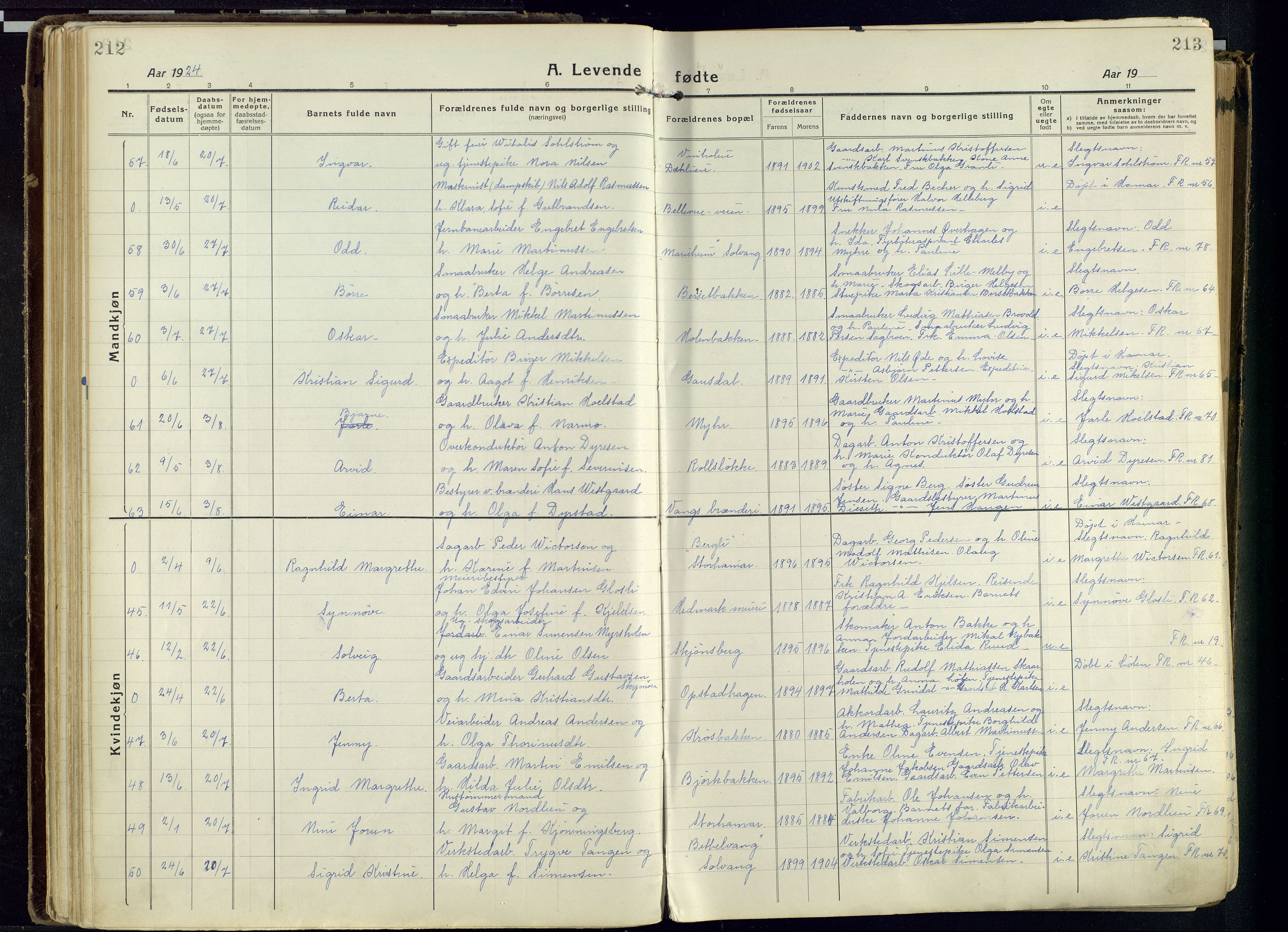 Vang prestekontor, Hedmark, SAH/PREST-008/H/Ha/Haa/L0022: Parish register (official) no. 22, 1918-1944, p. 212-213