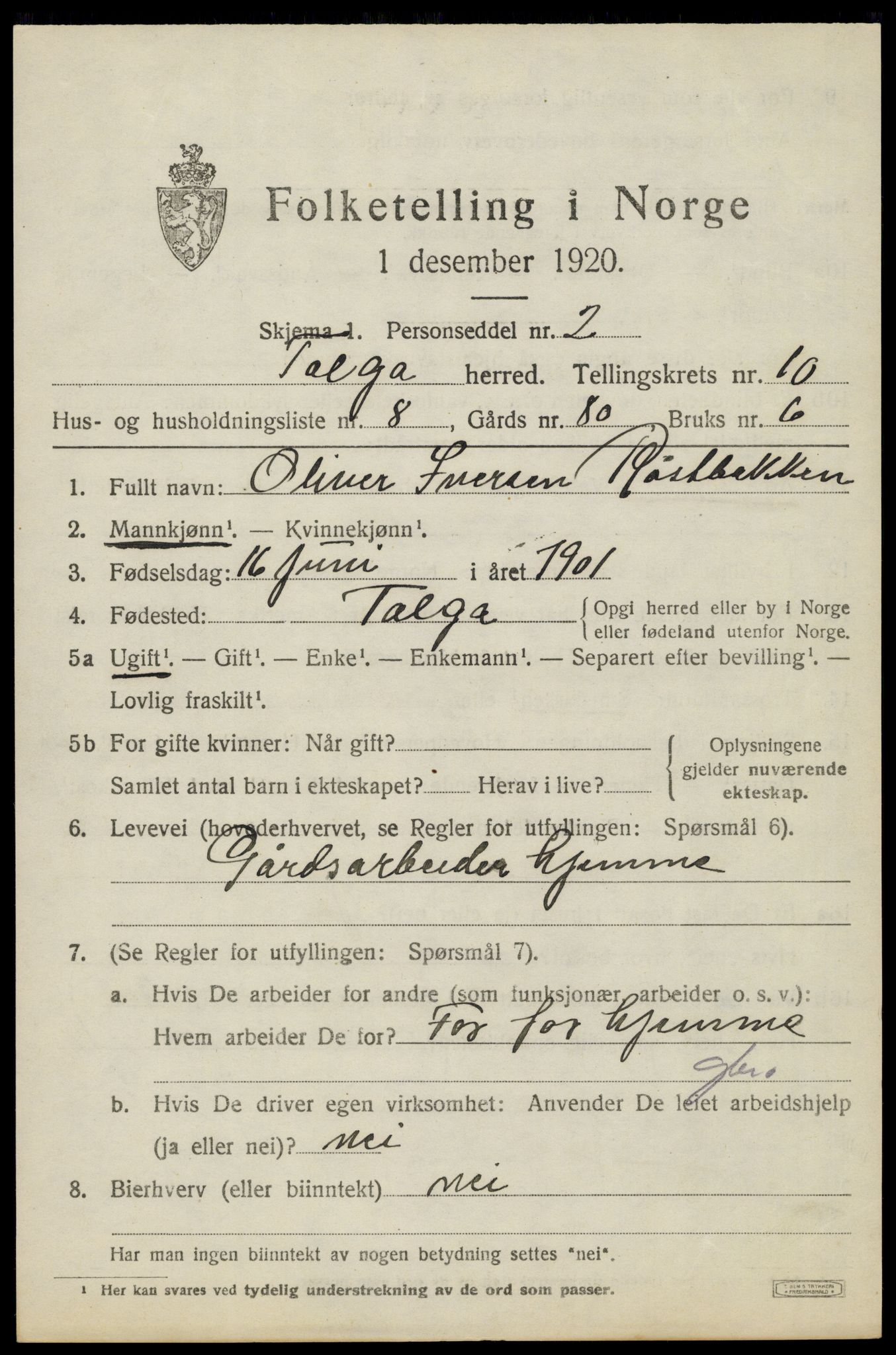 SAH, 1920 census for Tolga, 1920, p. 4973