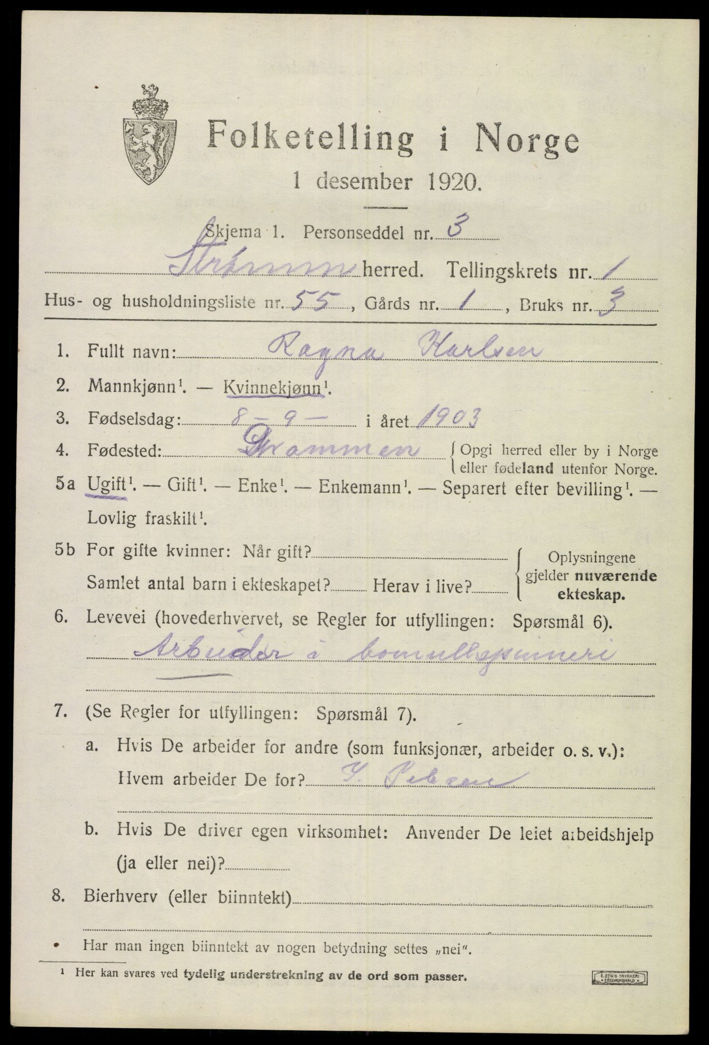 SAKO, 1920 census for Strømm, 1920, p. 1491