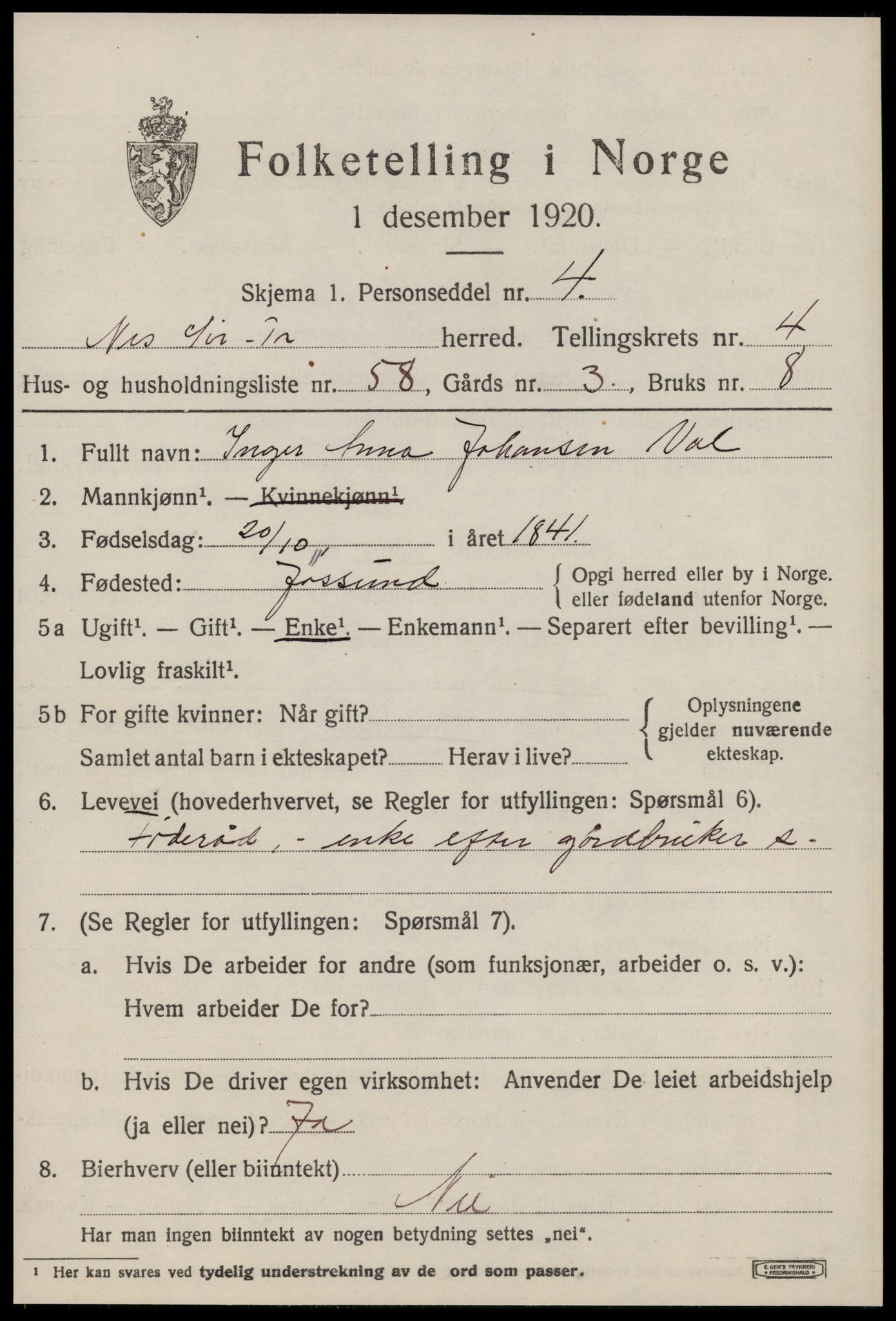 SAT, 1920 census for Nes (ST), 1920, p. 2873