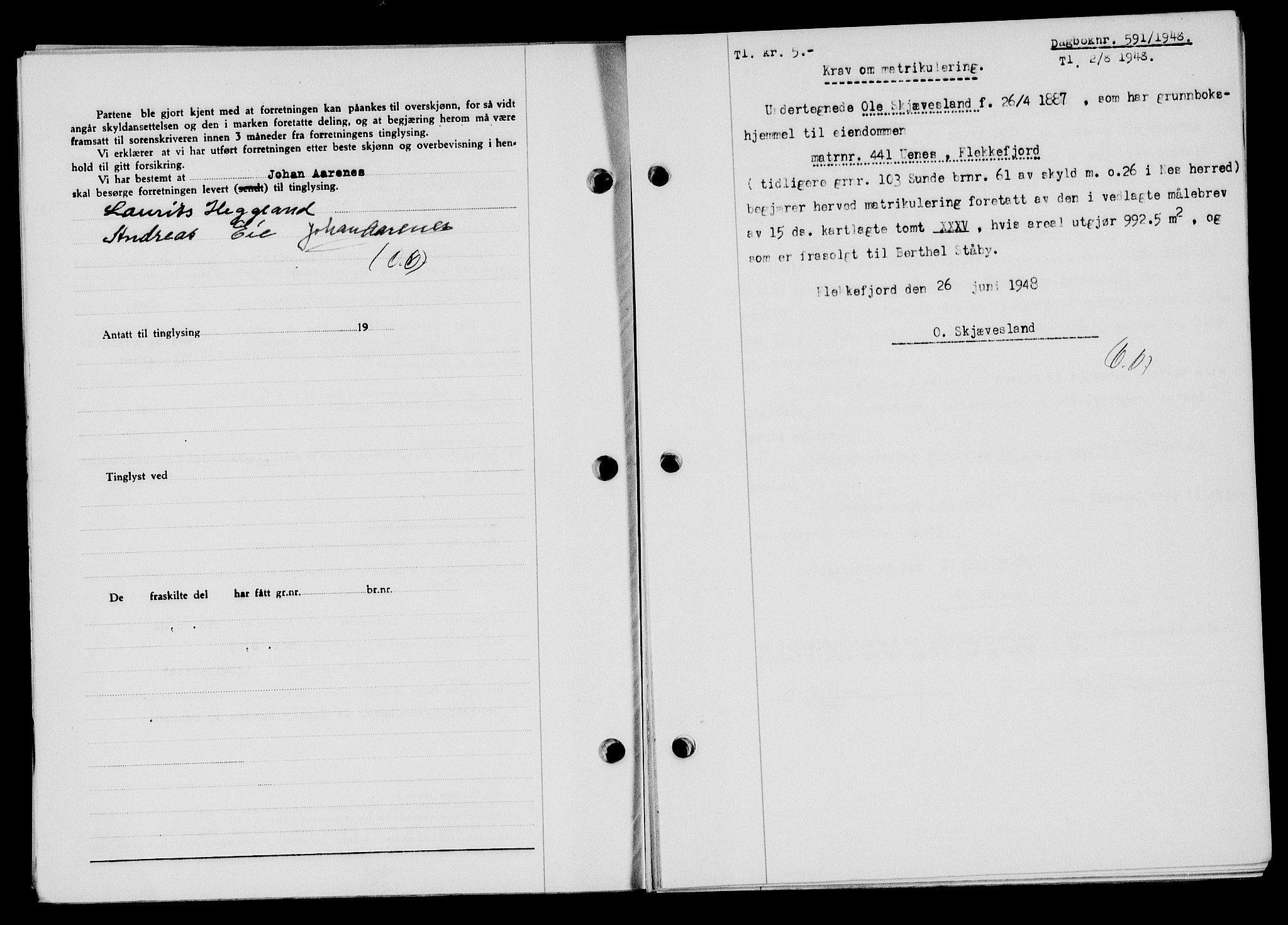 Flekkefjord sorenskriveri, SAK/1221-0001/G/Gb/Gba/L0064: Mortgage book no. A-12, 1948-1949, Diary no: : 591/1948