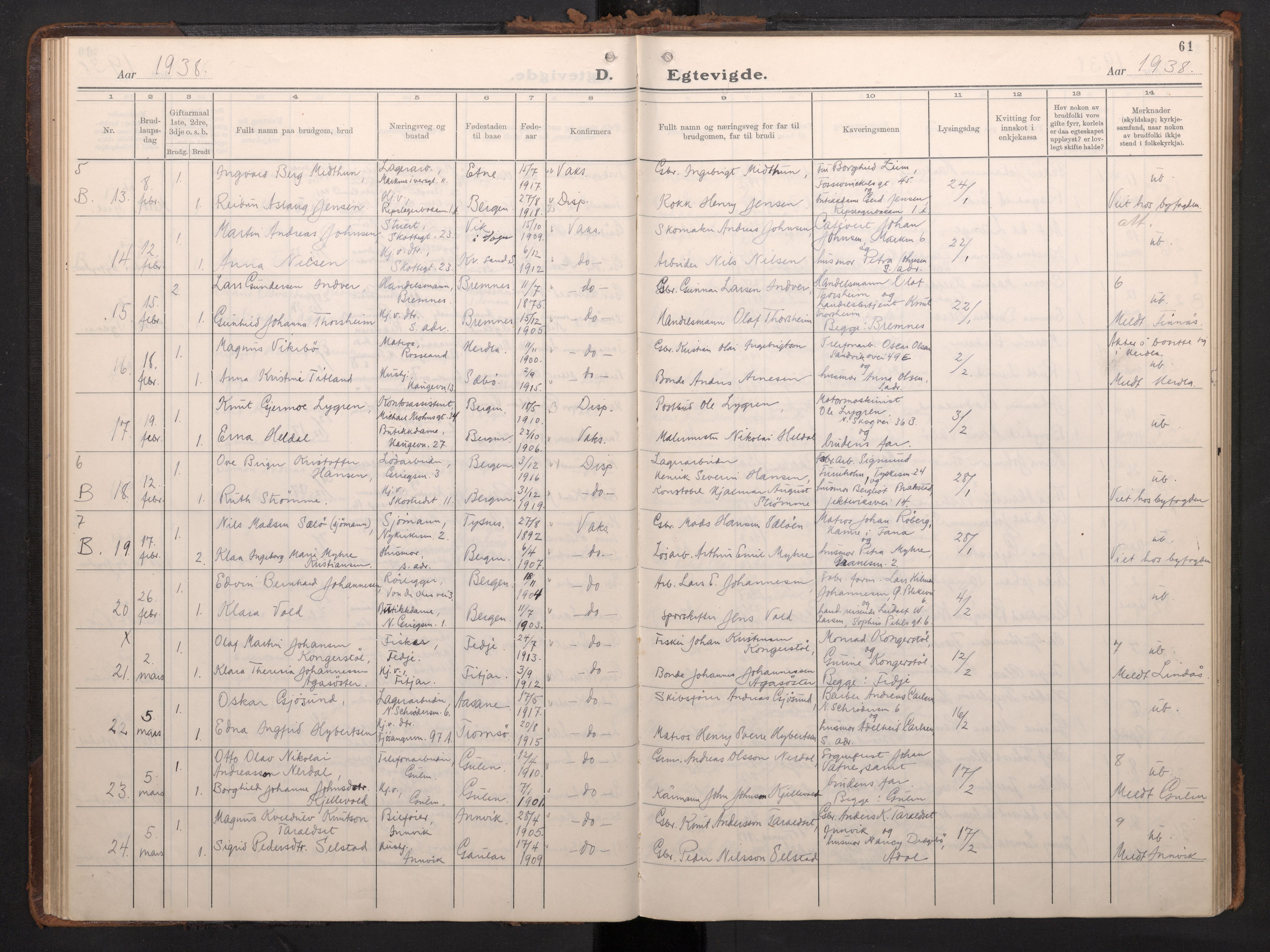 Nykirken Sokneprestembete, AV/SAB-A-77101/H/Haa/L0039: Parish register (official) no. D 9, 1935-1946, p. 60b-61a