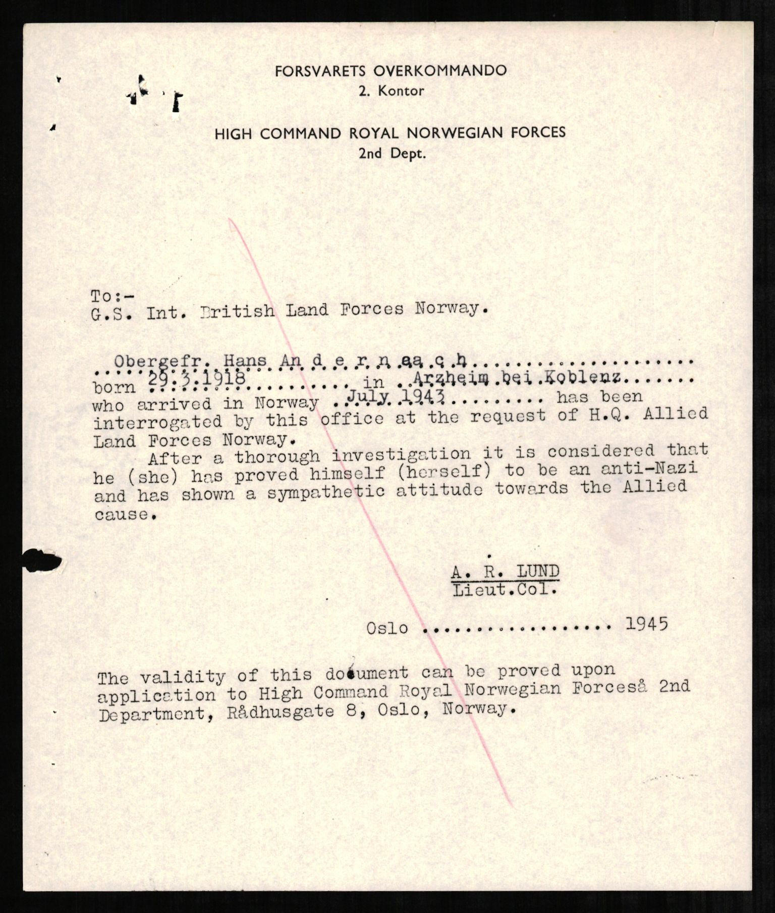 Forsvaret, Forsvarets overkommando II, AV/RA-RAFA-3915/D/Db/L0001: CI Questionaires. Tyske okkupasjonsstyrker i Norge. Tyskere., 1945-1946, p. 225