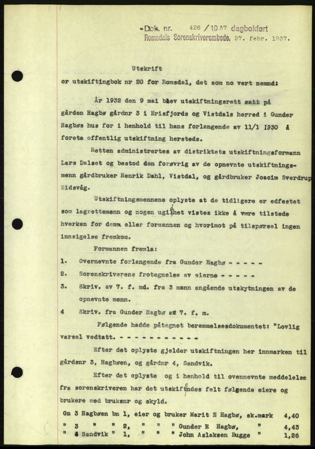 Romsdal sorenskriveri, SAT/A-4149/1/2/2C: Mortgage book no. A2, 1936-1937, Diary no: : 426/1937