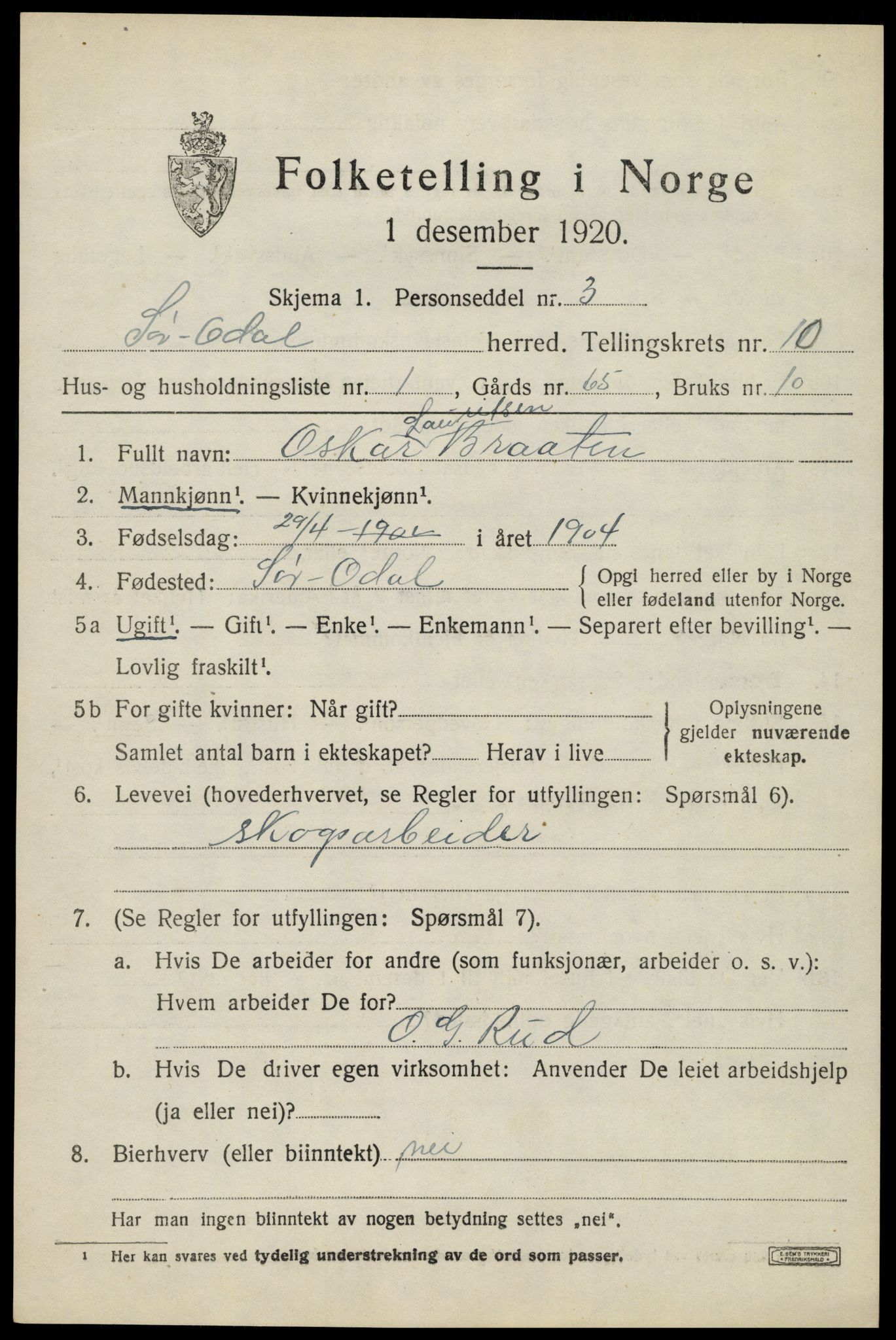 SAH, 1920 census for Sør-Odal, 1920, p. 11559