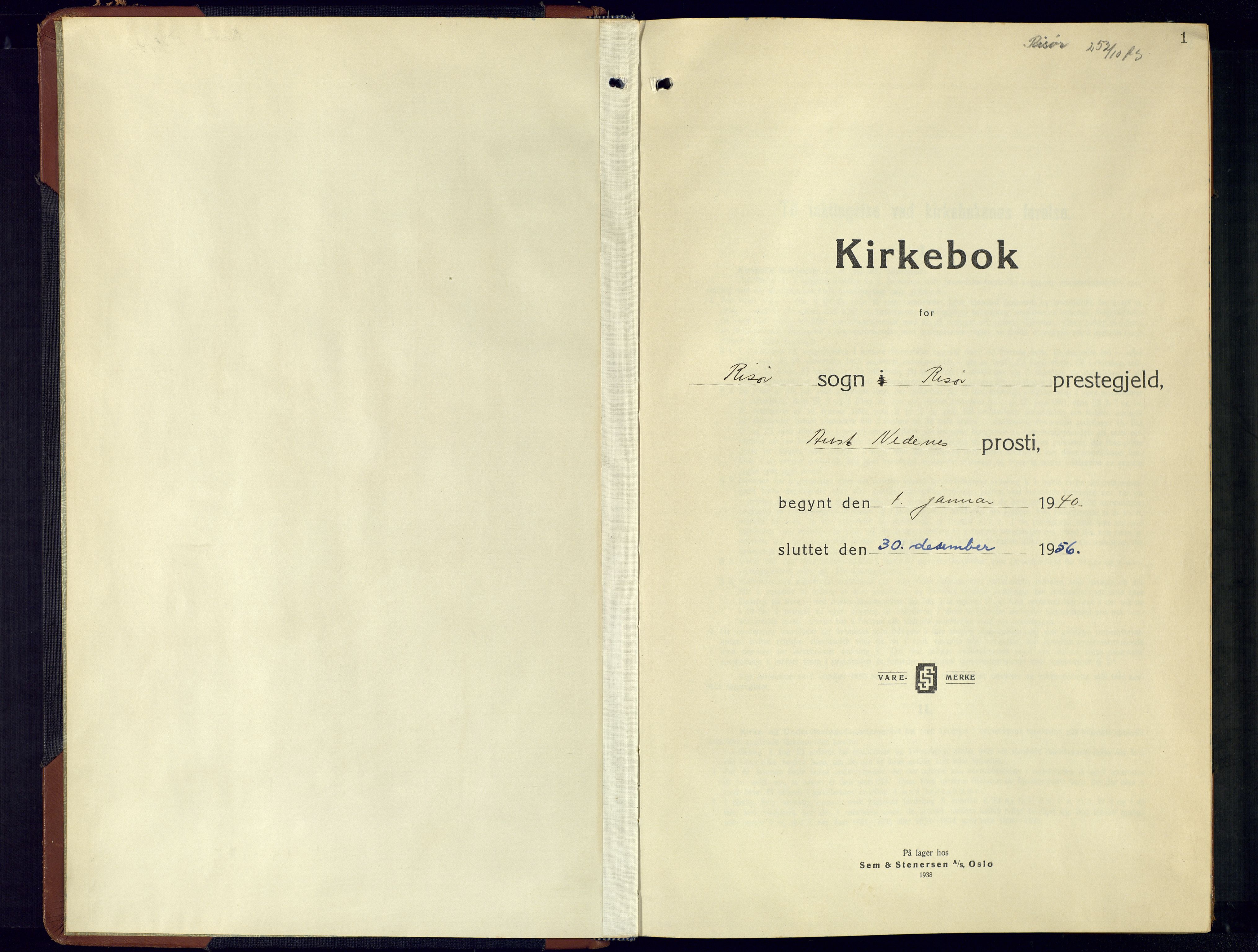 Risør sokneprestkontor, SAK/1111-0035/F/Fb/L0010: Parish register (copy) no. B 10, 1940-1956, p. 1