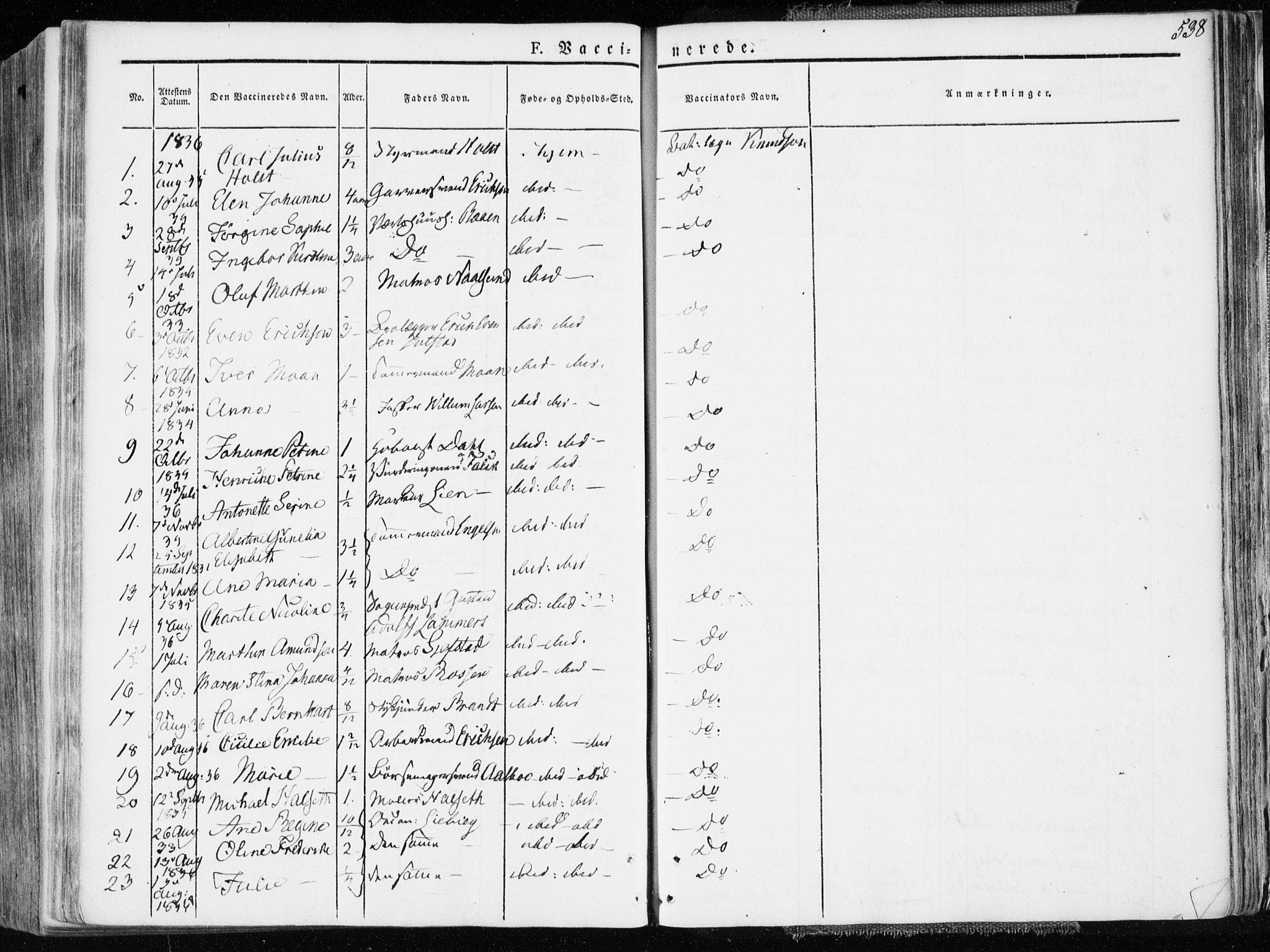 Ministerialprotokoller, klokkerbøker og fødselsregistre - Sør-Trøndelag, SAT/A-1456/601/L0047: Parish register (official) no. 601A15, 1831-1839, p. 538