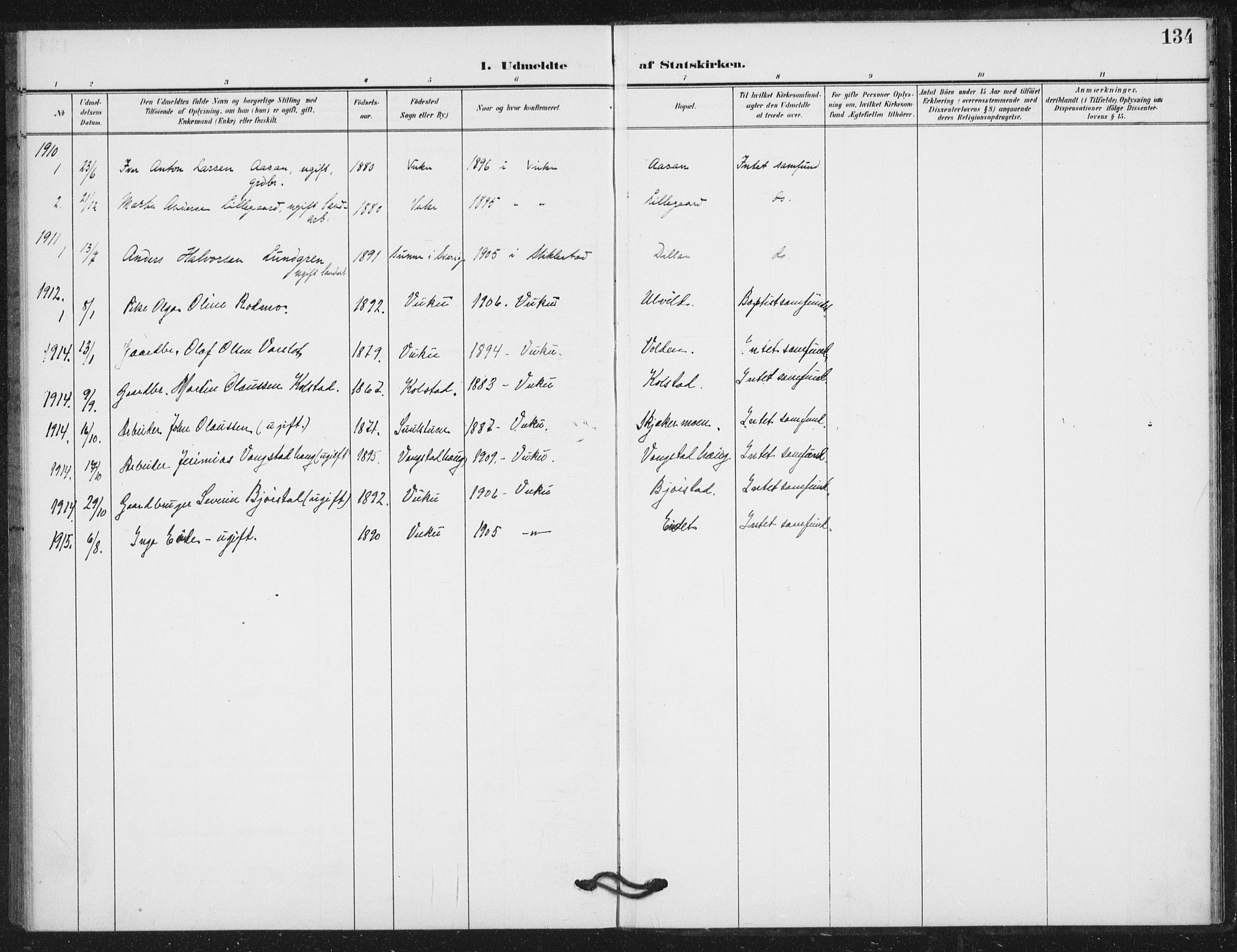 Ministerialprotokoller, klokkerbøker og fødselsregistre - Nord-Trøndelag, SAT/A-1458/724/L0264: Parish register (official) no. 724A02, 1908-1915, p. 134
