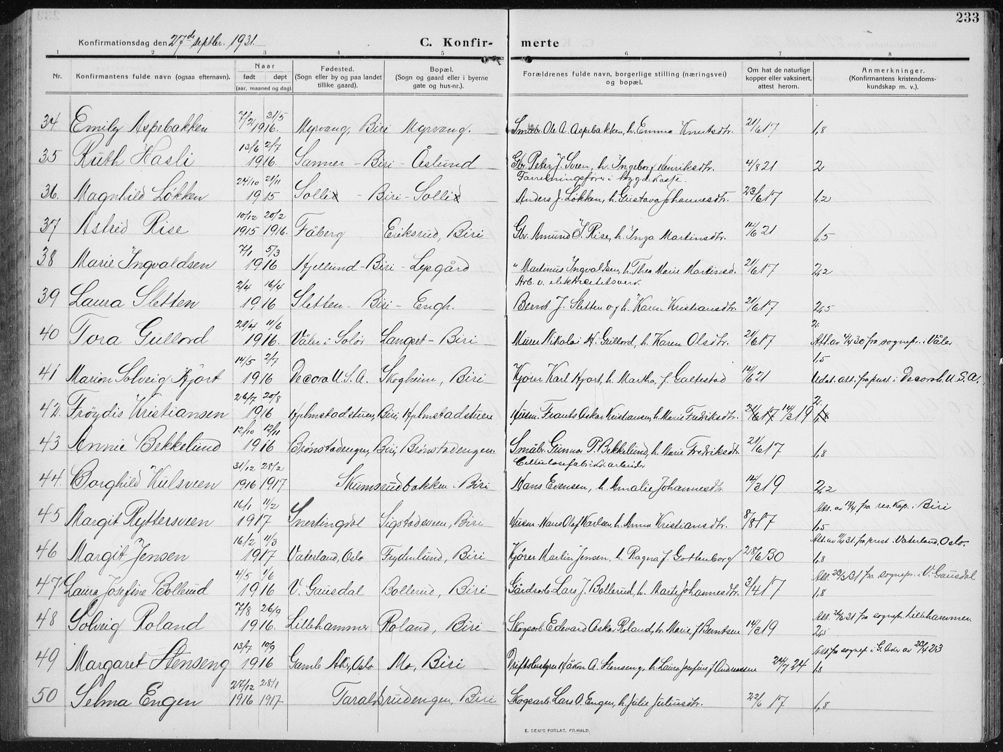 Biri prestekontor, AV/SAH-PREST-096/H/Ha/Hab/L0006: Parish register (copy) no. 6, 1909-1938, p. 233