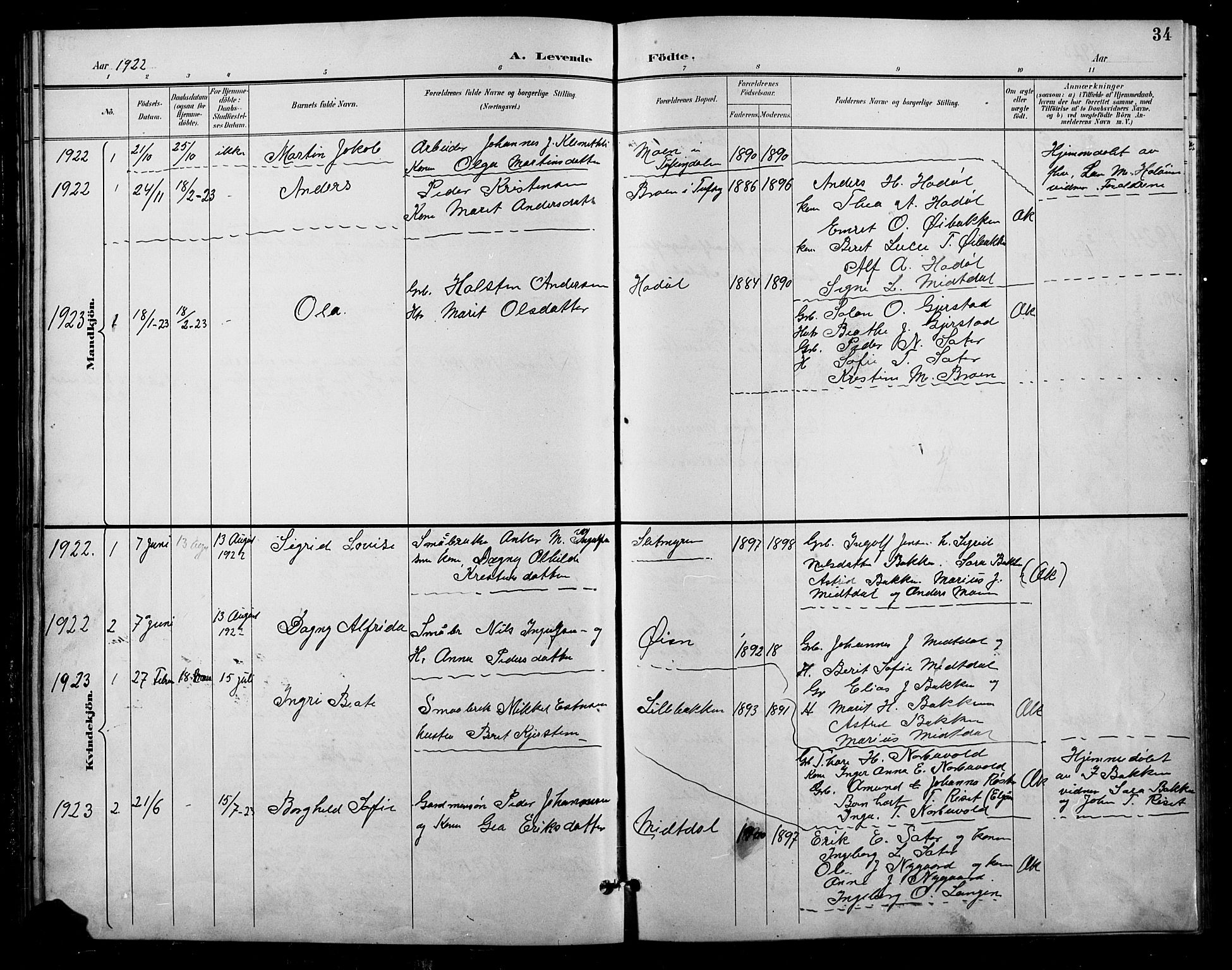 Tolga prestekontor, SAH/PREST-062/L/L0011: Parish register (copy) no. 11, 1894-1925, p. 34