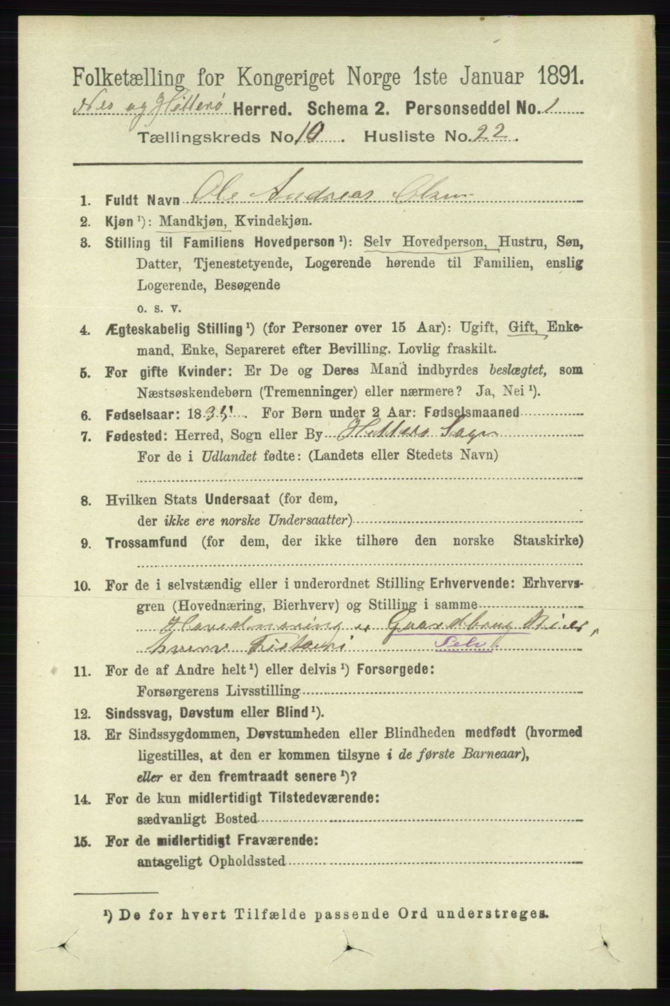 RA, 1891 census for 1043 Hidra og Nes, 1891, p. 4254