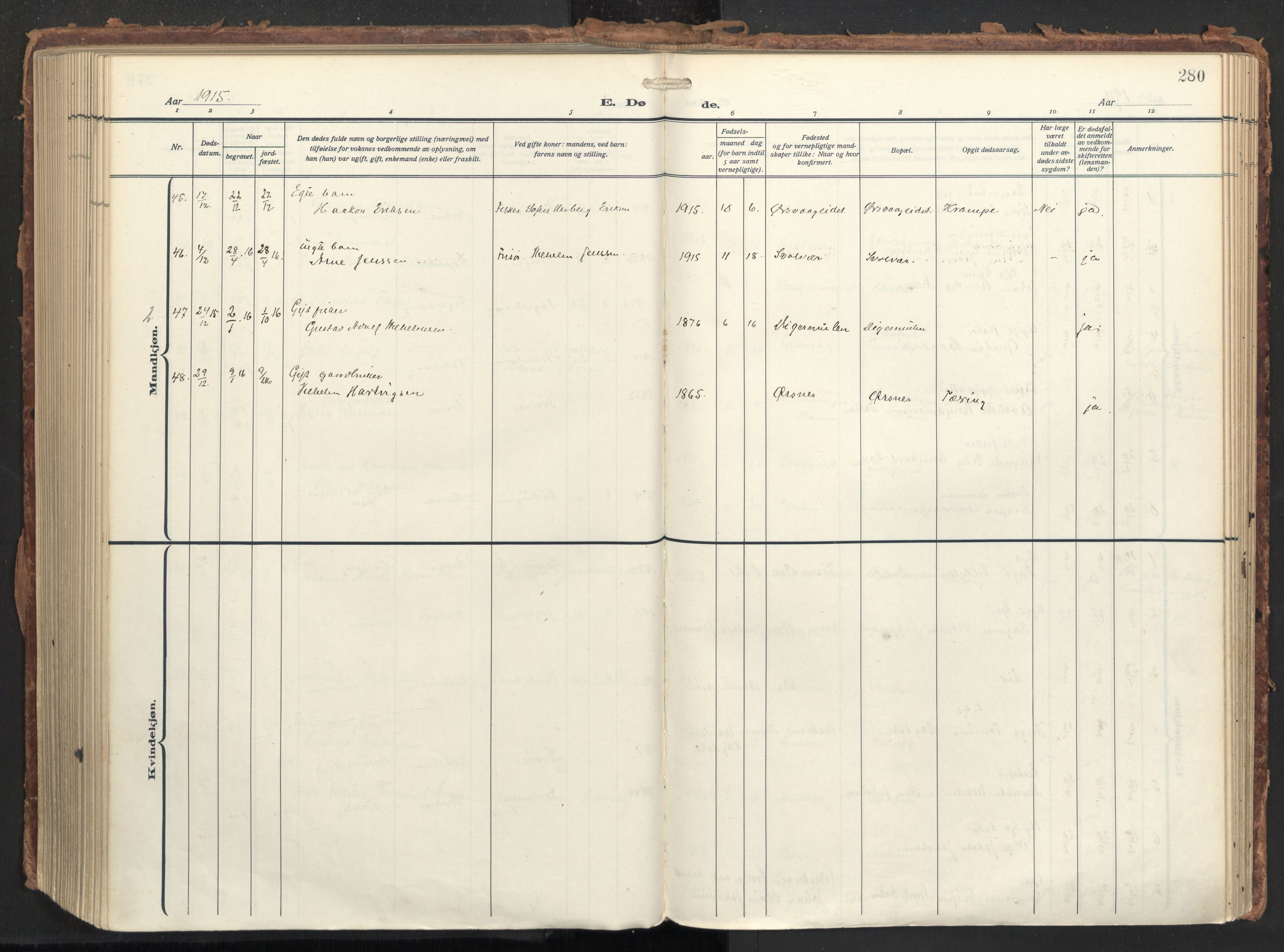 Ministerialprotokoller, klokkerbøker og fødselsregistre - Nordland, AV/SAT-A-1459/874/L1064: Parish register (official) no. 874A08, 1915-1926, p. 280