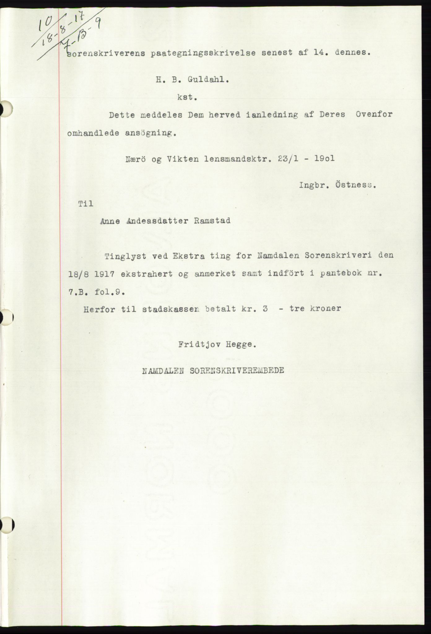 Namdal sorenskriveri, SAT/A-4133/1/2/2C: Mortgage book no. -, 1916-1921, Deed date: 18.08.1917