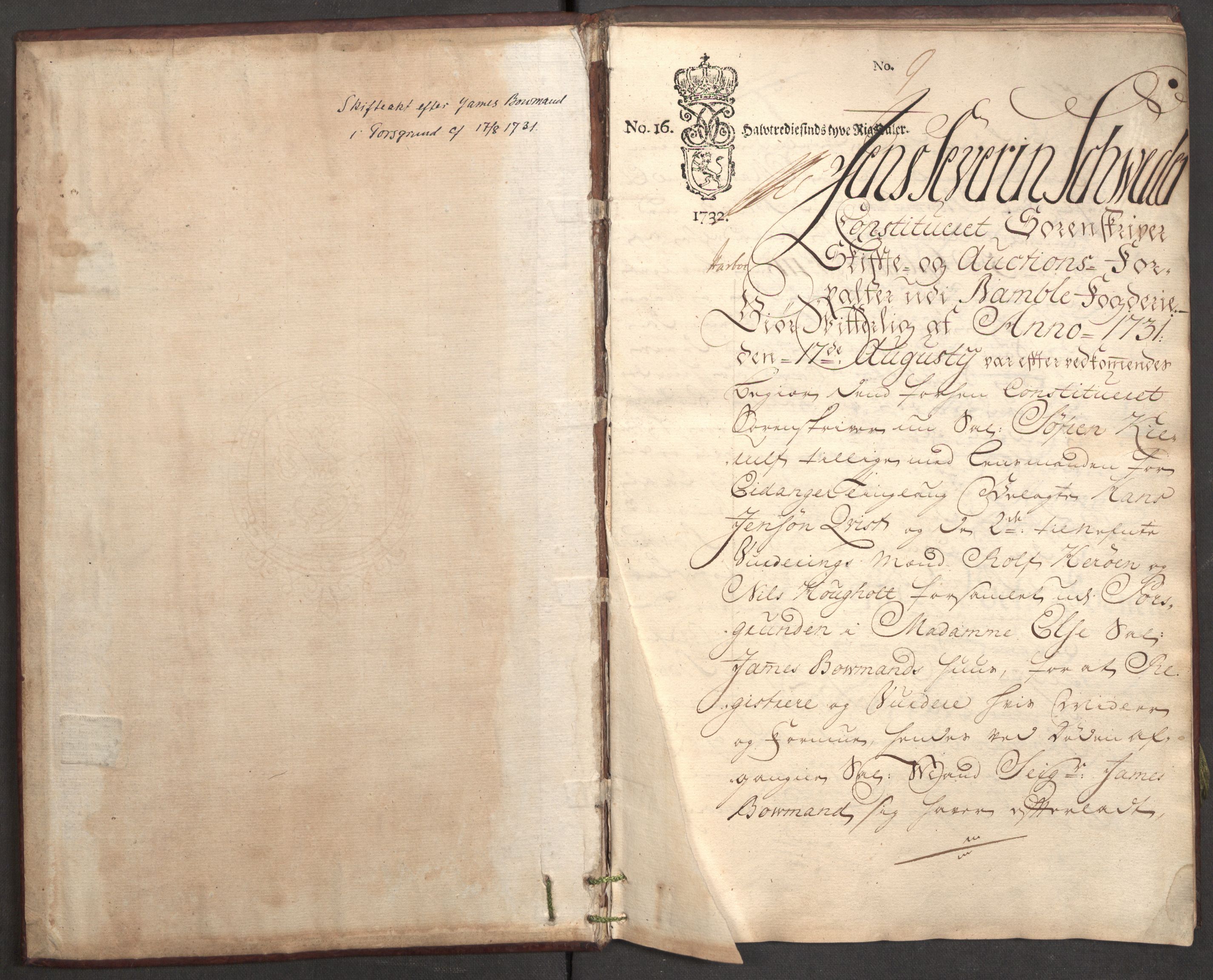 Bowman, James, RA/PA-0067/F/L0002/0002: Kontobok og skiftepapirer / Skifteakt etter James Bowman, 1731-1732, p. 2