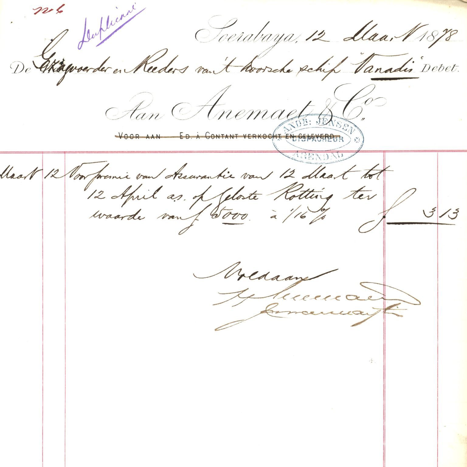 Pa 63 - Østlandske skibsassuranceforening, VEMU/A-1079/G/Ga/L0010/0005: Havaridokumenter / Vanadis, 1878
