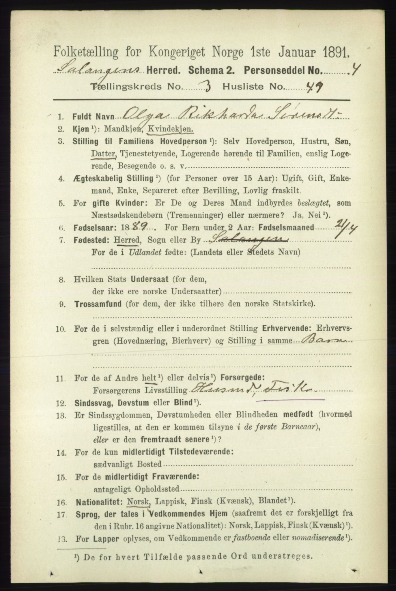 RA, 1891 census for 1921 Salangen, 1891, p. 1506
