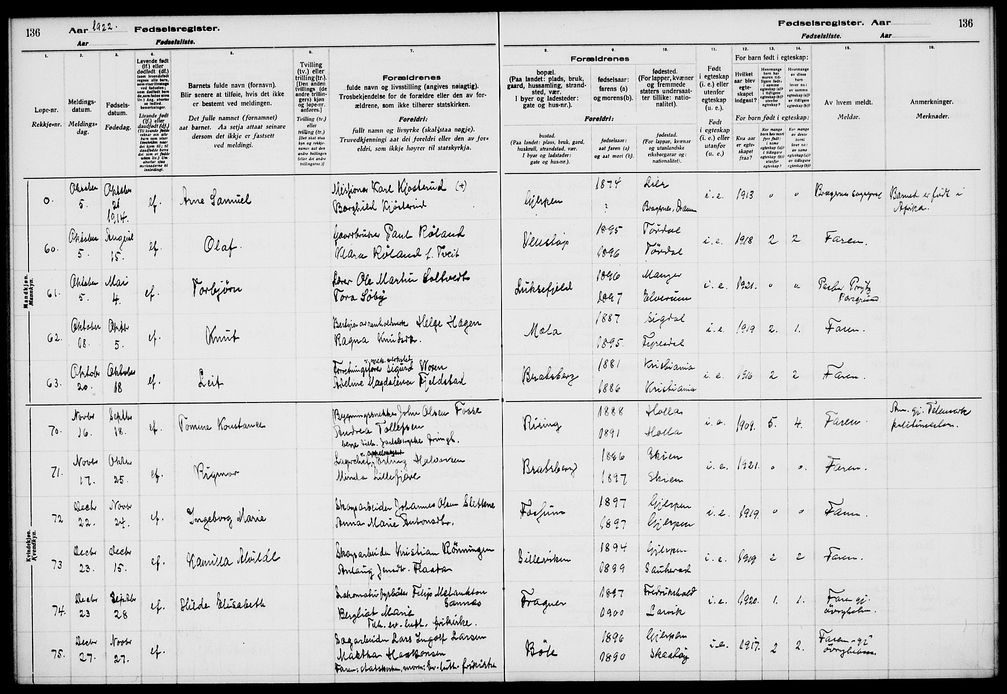 Gjerpen kirkebøker, AV/SAKO-A-265/J/Ja/L0001: Birth register no. I 1, 1916-1926, p. 136