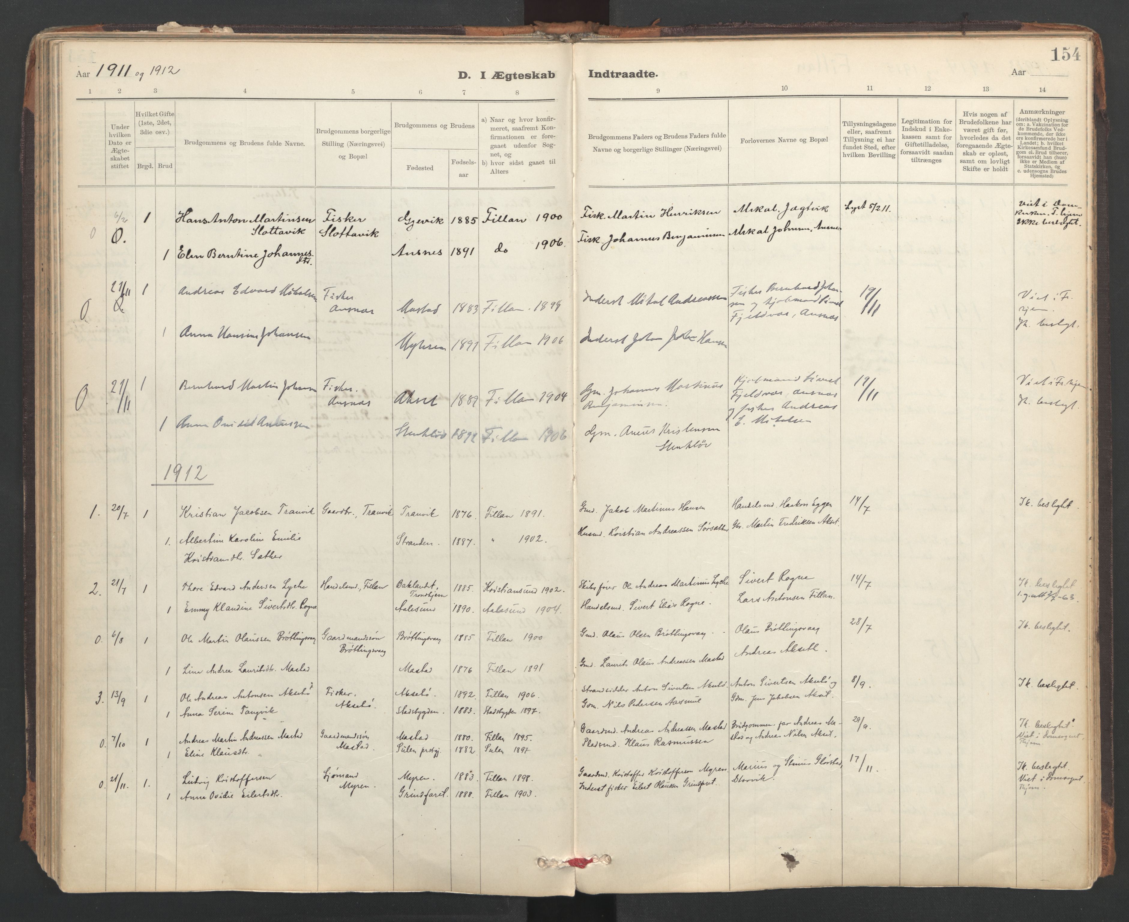 Ministerialprotokoller, klokkerbøker og fødselsregistre - Sør-Trøndelag, SAT/A-1456/637/L0559: Parish register (official) no. 637A02, 1899-1923, p. 154