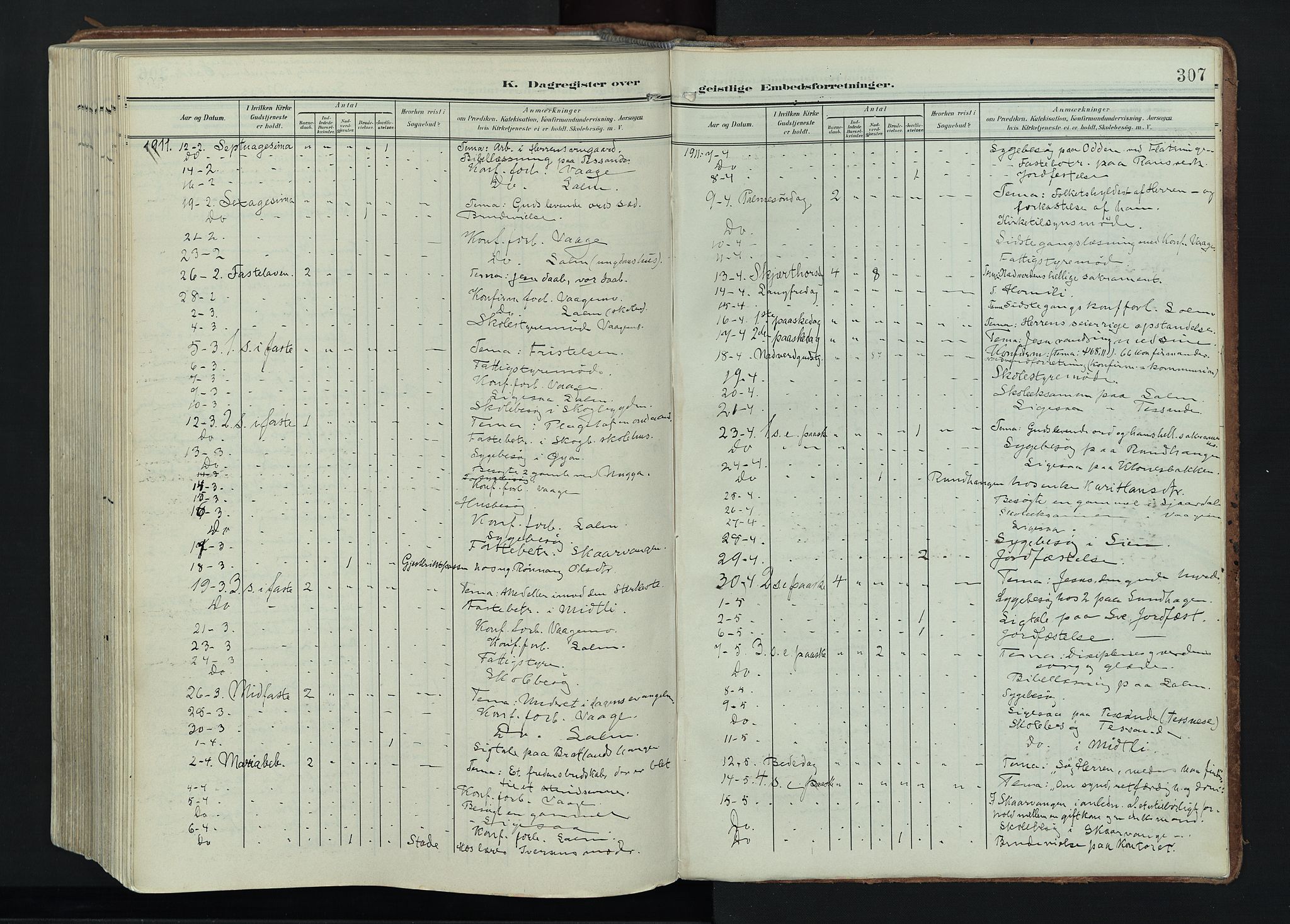 Vågå prestekontor, SAH/PREST-076/H/Ha/Haa/L0011: Parish register (official) no. 11, 1905-1924, p. 307