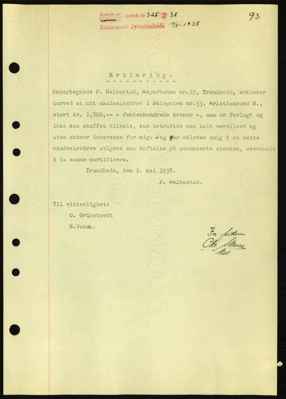 Kristiansund byfogd, SAT/A-4587/A/27: Mortgage book no. 31, 1938-1939, Diary no: : 325/1938