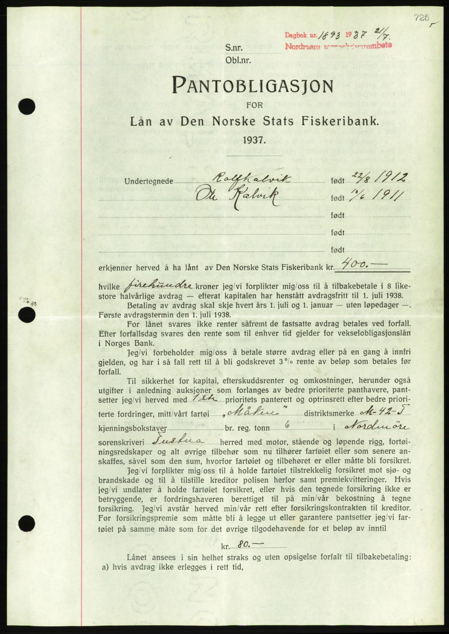 Nordmøre sorenskriveri, AV/SAT-A-4132/1/2/2Ca/L0091: Mortgage book no. B81, 1937-1937, Diary no: : 1893/1937