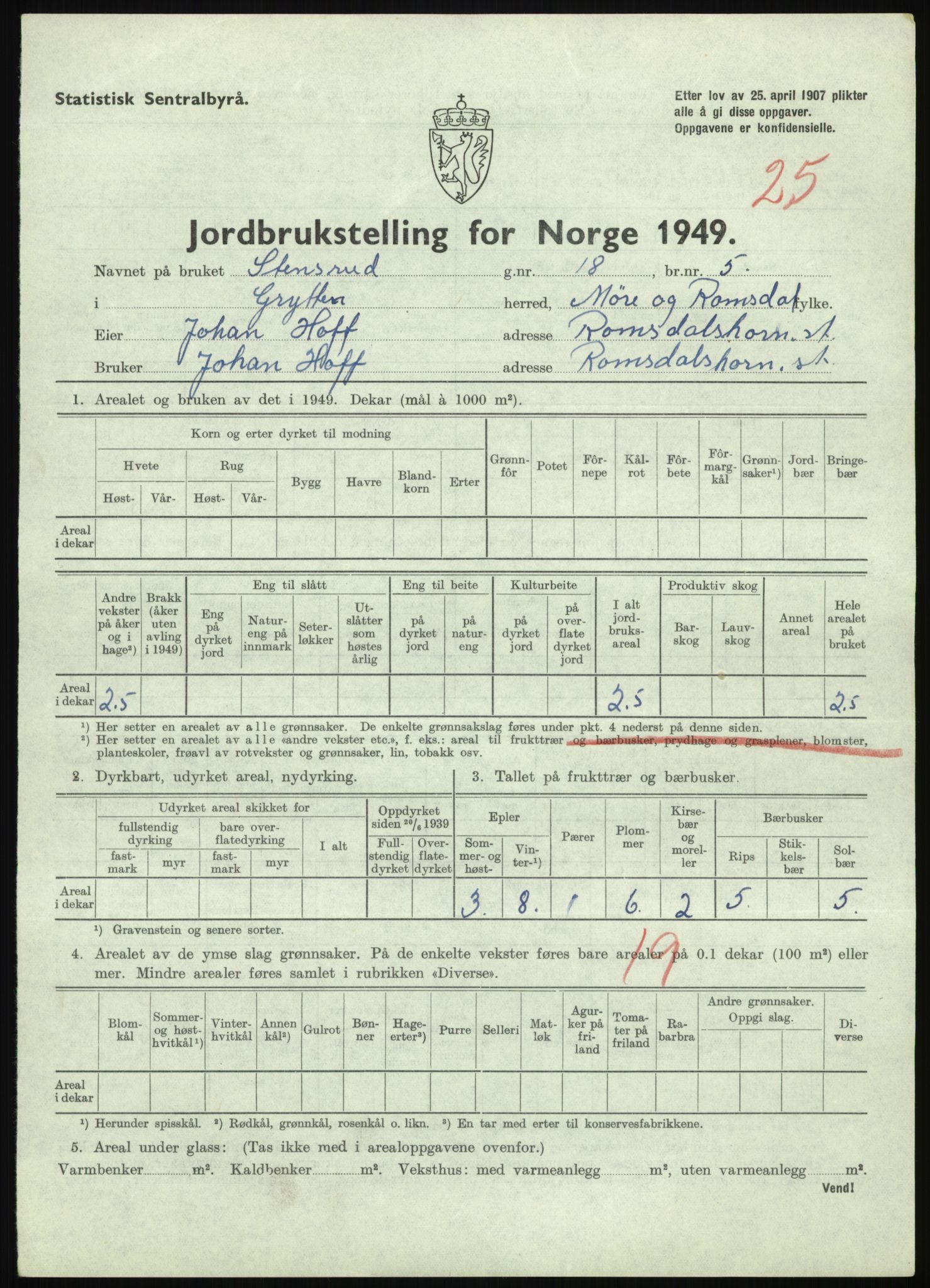 Statistisk sentralbyrå, Næringsøkonomiske emner, Jordbruk, skogbruk, jakt, fiske og fangst, AV/RA-S-2234/G/Gc/L0323: Møre og Romsdal: Grytten og Hen, 1949, p. 31