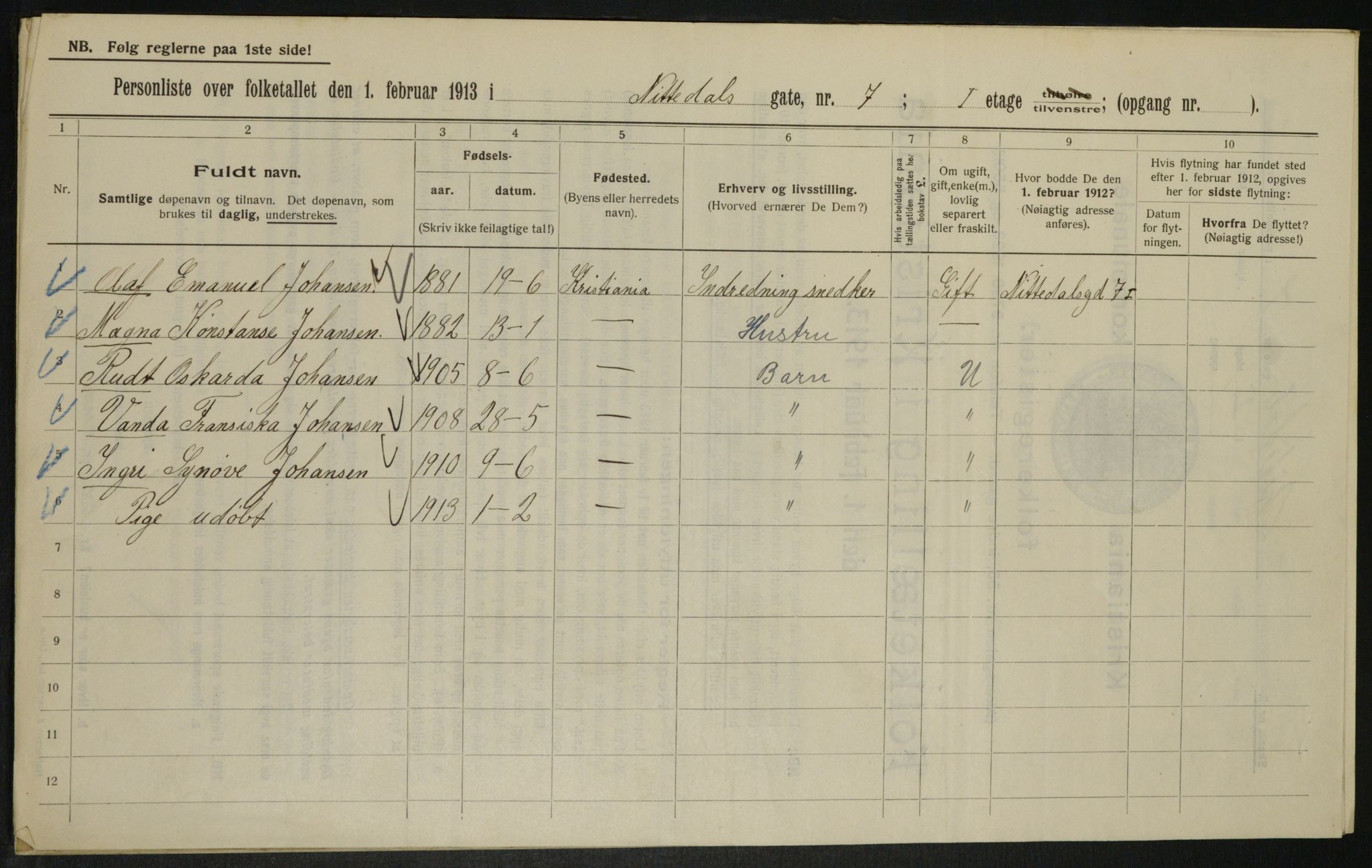 OBA, Municipal Census 1913 for Kristiania, 1913, p. 71253