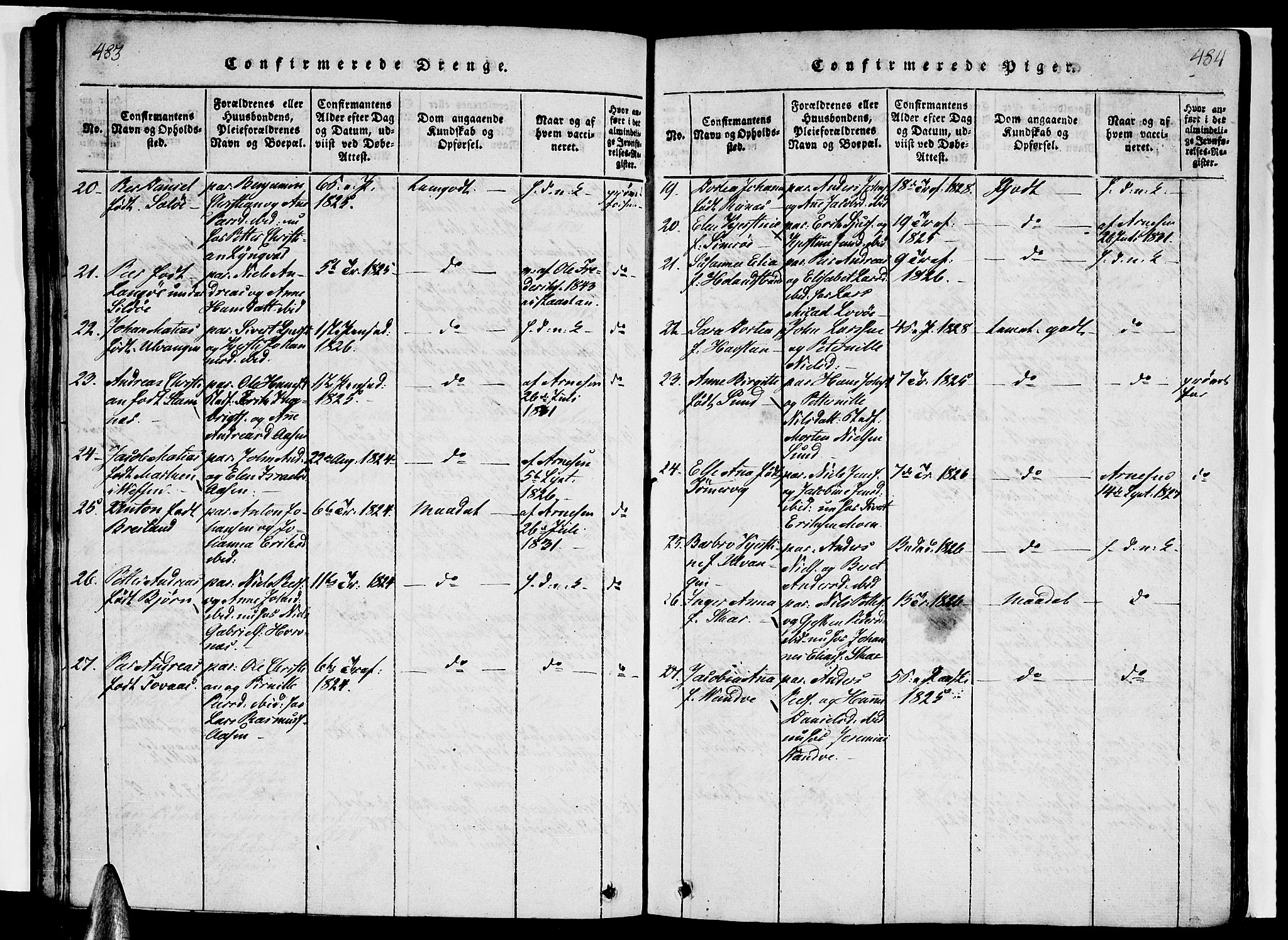 Ministerialprotokoller, klokkerbøker og fødselsregistre - Nordland, AV/SAT-A-1459/831/L0474: Parish register (copy) no. 831C01, 1820-1850, p. 483-484