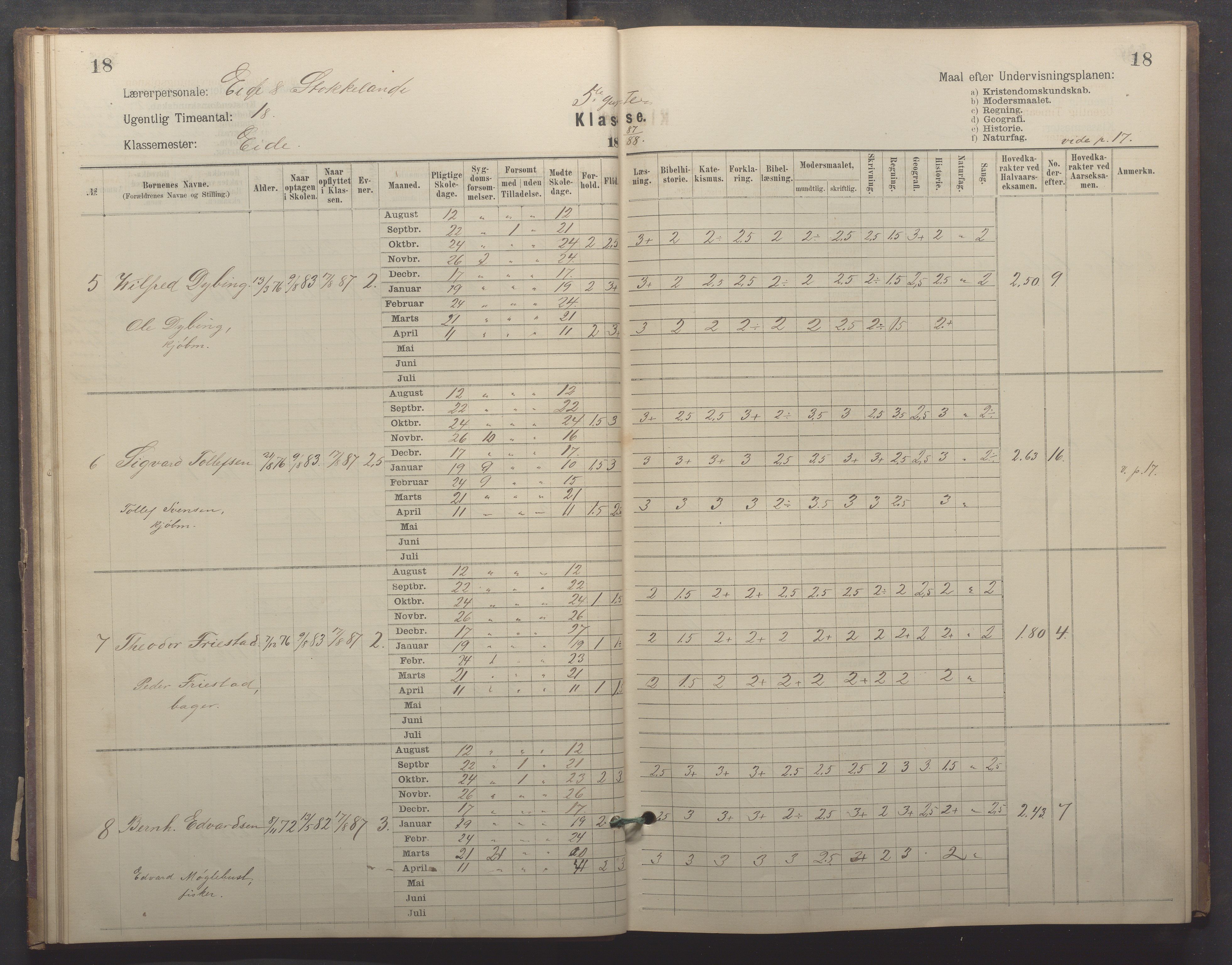 Egersund kommune (Ladested) - Egersund almueskole/folkeskole, IKAR/K-100521/H/L0022: Skoleprotokoll - Almueskolen, 5. klasse, 1886-1892, p. 18
