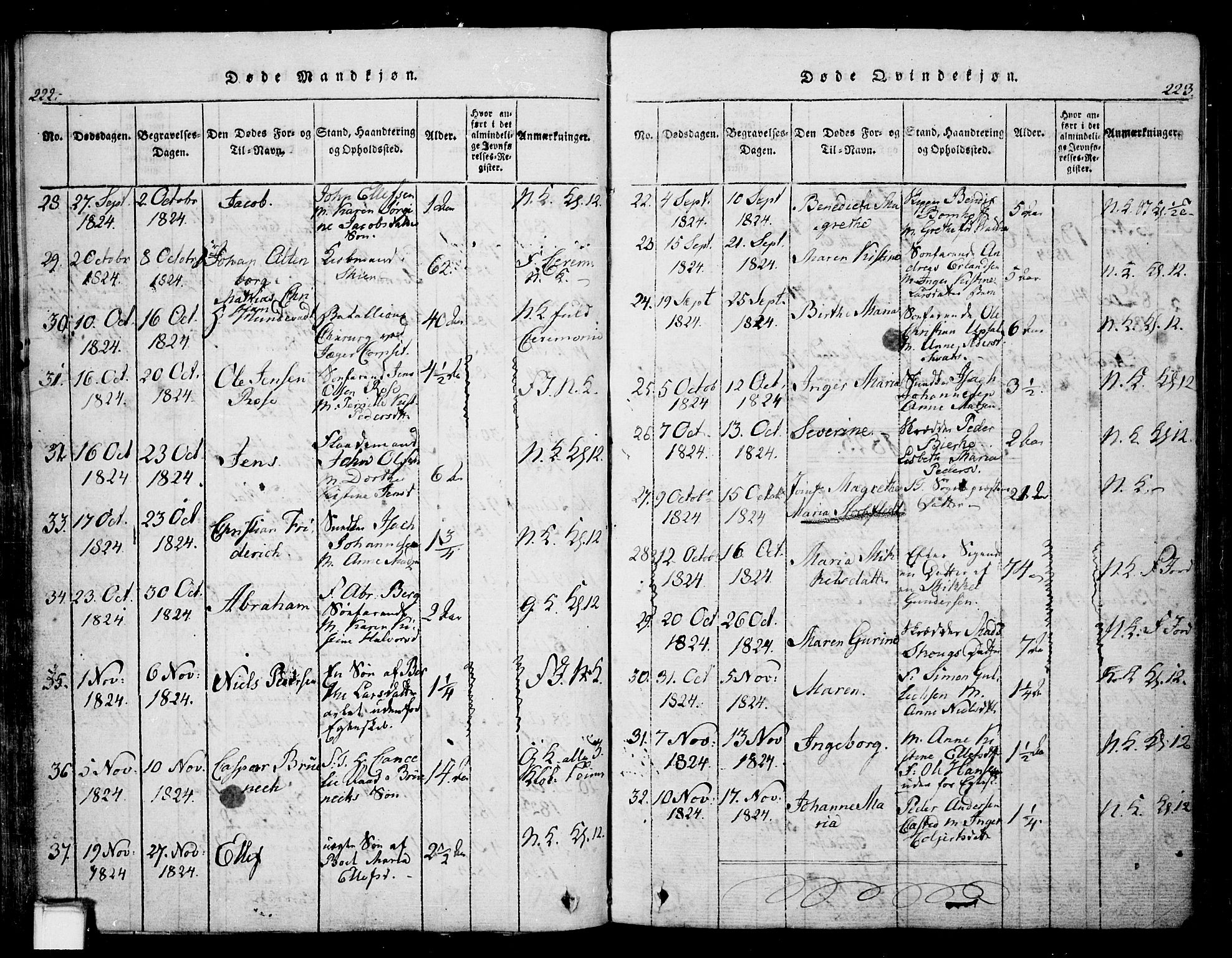 Skien kirkebøker, SAKO/A-302/G/Ga/L0002: Parish register (copy) no. 2, 1814-1842, p. 222-223