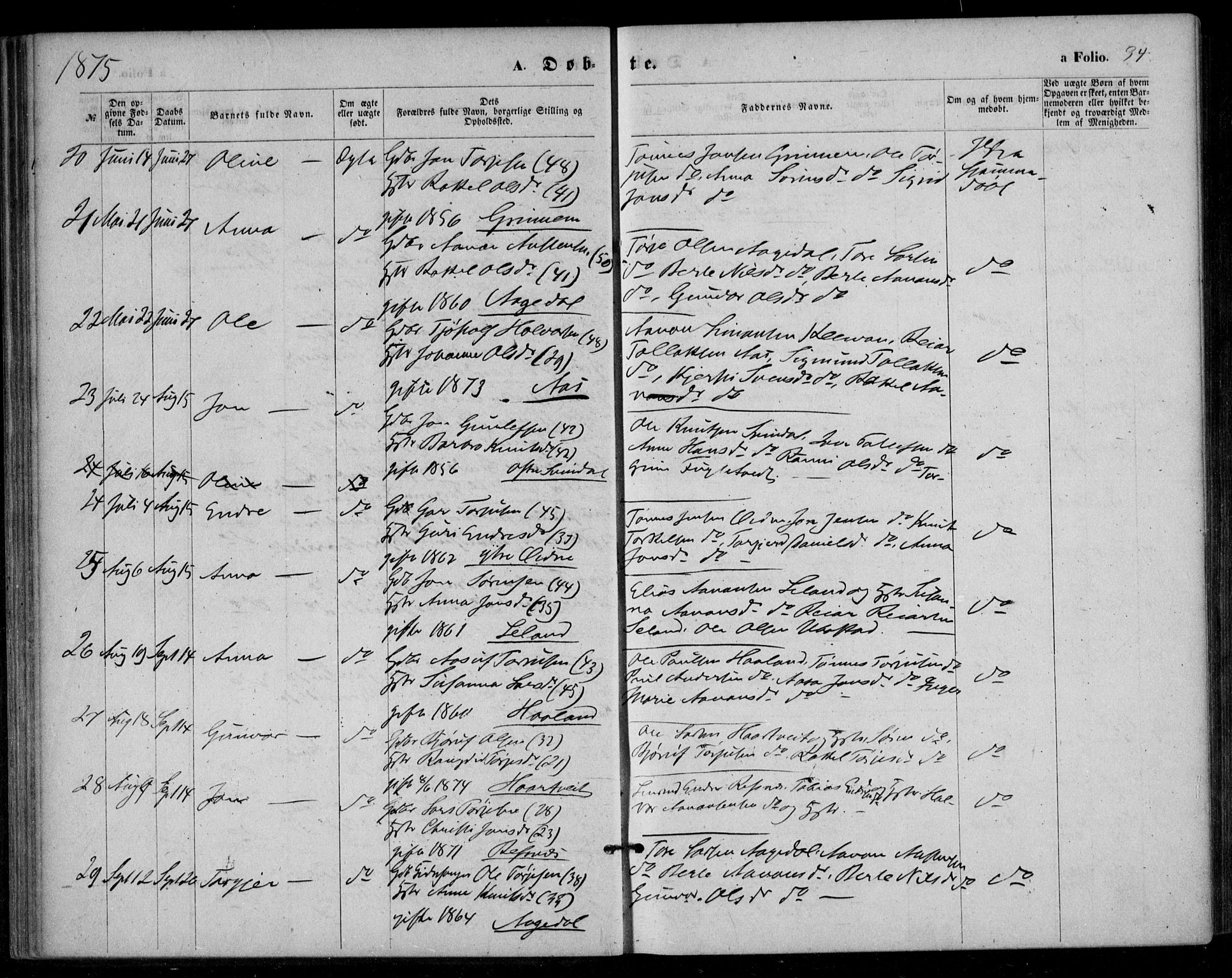 Bjelland sokneprestkontor, SAK/1111-0005/F/Fa/Fac/L0002: Parish register (official) no. A 2, 1866-1887, p. 34