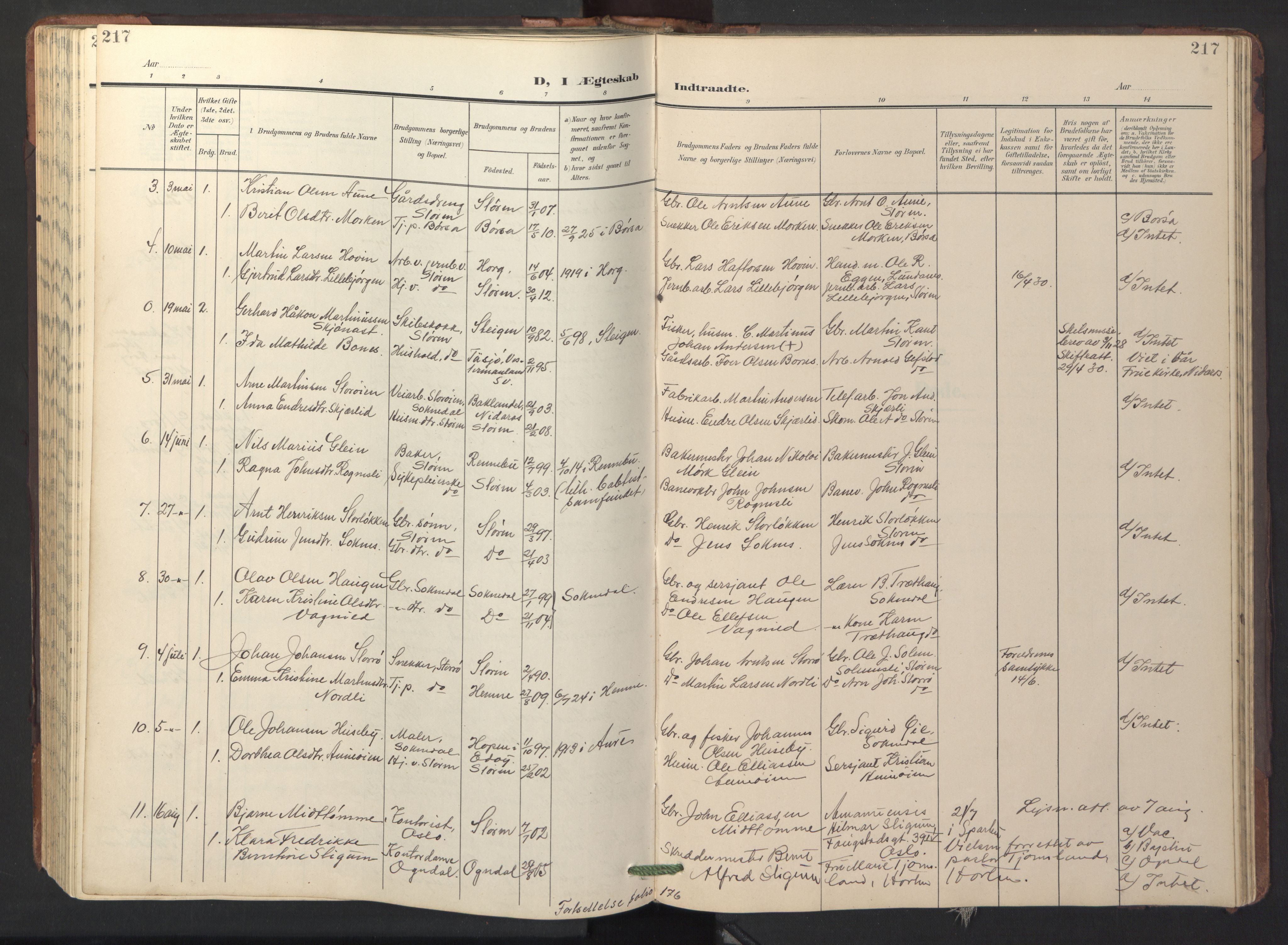 Ministerialprotokoller, klokkerbøker og fødselsregistre - Sør-Trøndelag, SAT/A-1456/687/L1019: Parish register (copy) no. 687C03, 1904-1931, p. 217