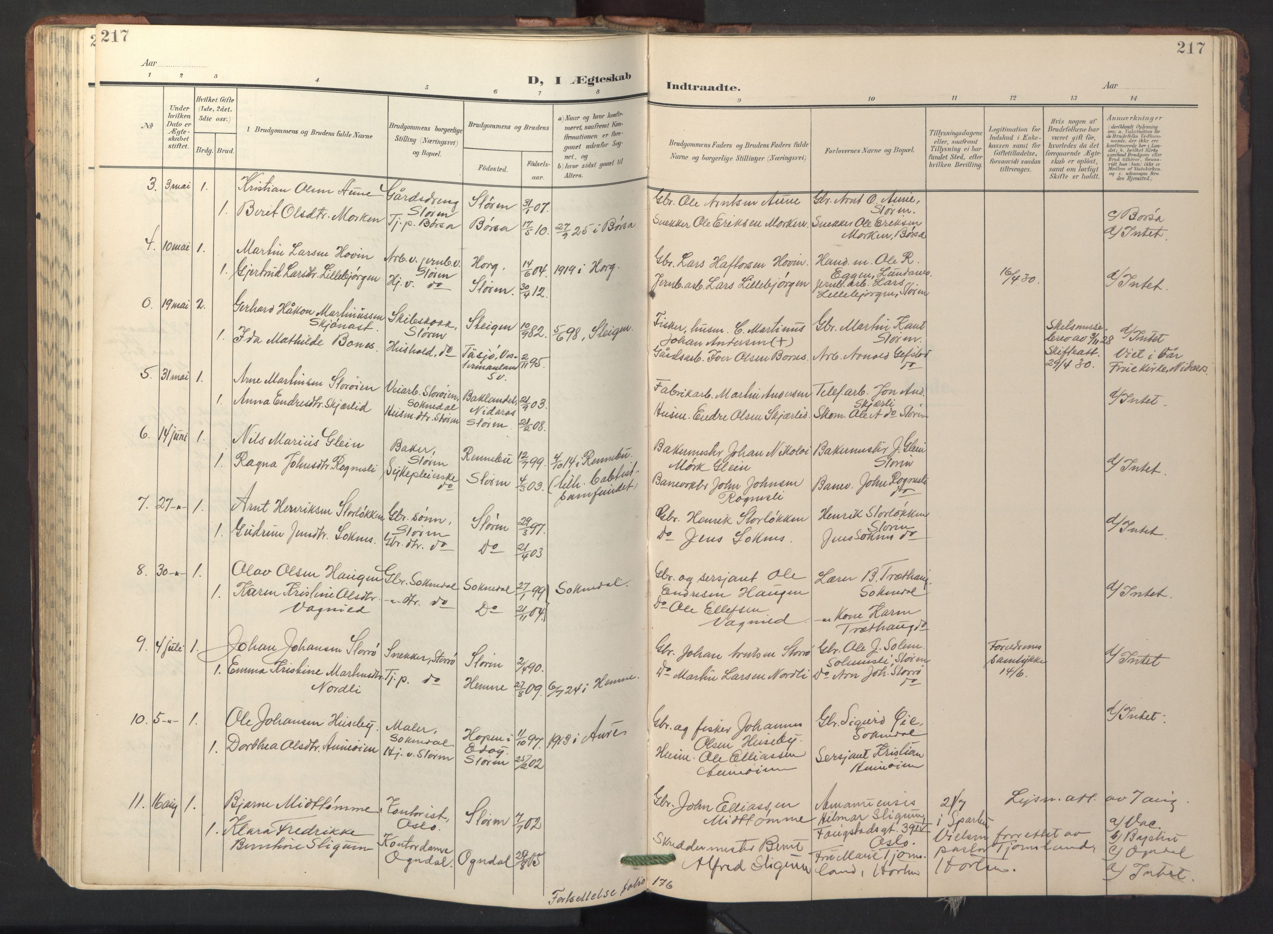 Ministerialprotokoller, klokkerbøker og fødselsregistre - Sør-Trøndelag, AV/SAT-A-1456/687/L1019: Parish register (copy) no. 687C03, 1904-1931, p. 217