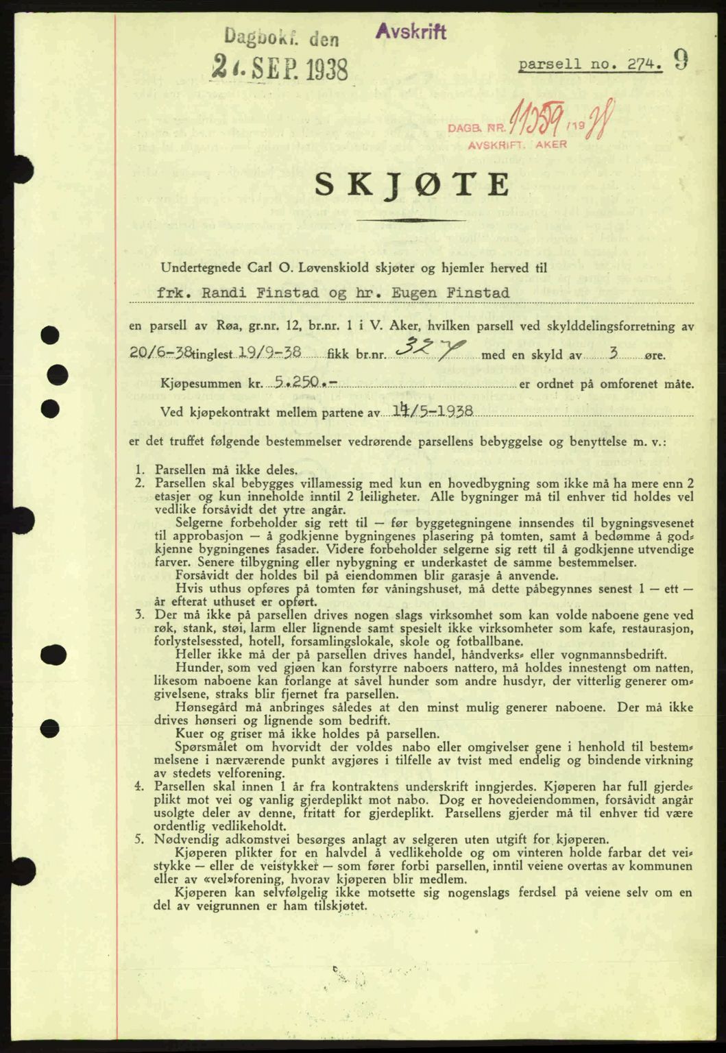 Aker herredsskriveri, SAO/A-10896/G/Gb/Gba/Gbab/L0025: Mortgage book no. A154-155, 1938-1938, Diary no: : 11359/1938