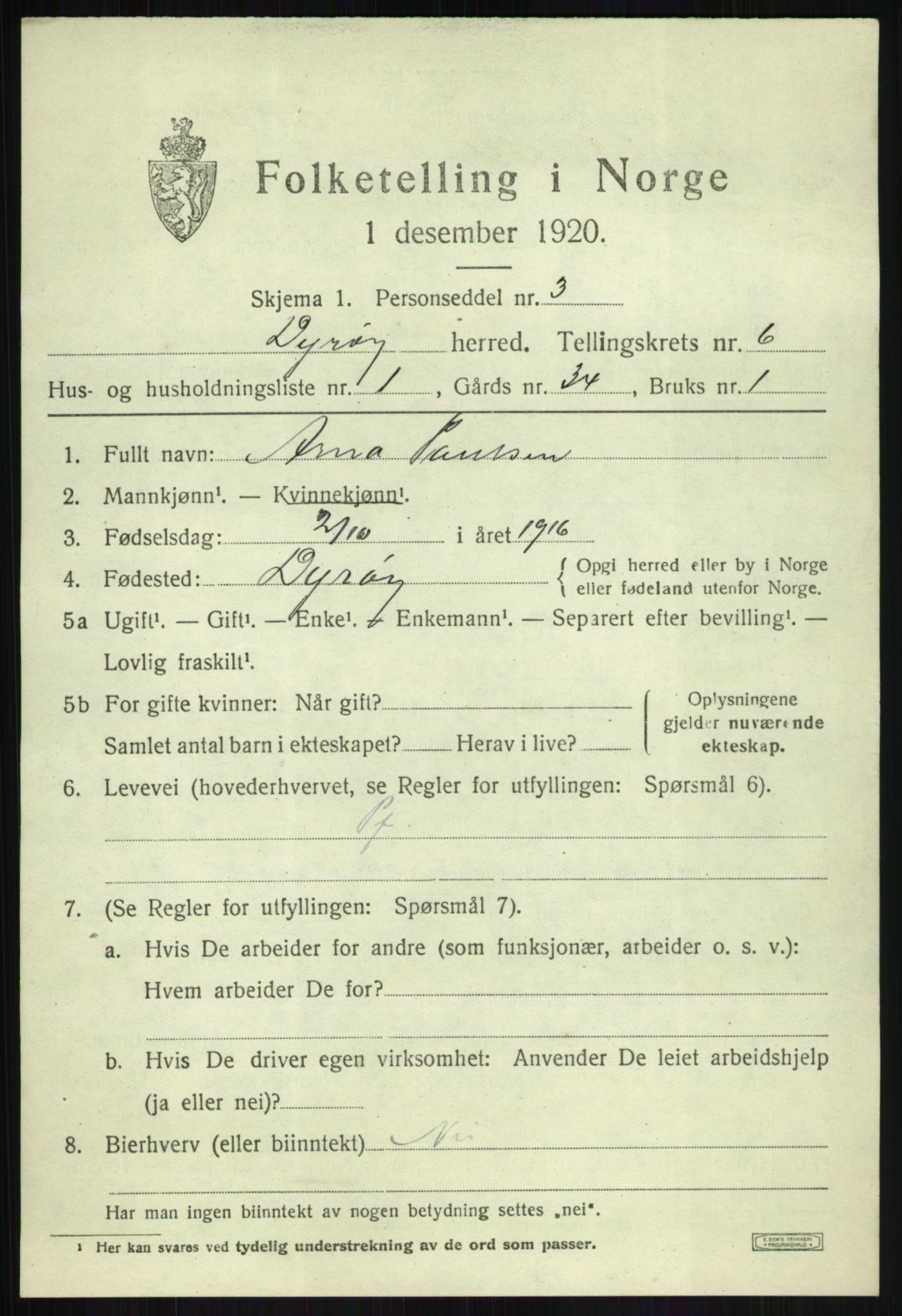 SATØ, 1920 census for Dyrøy, 1920, p. 3125