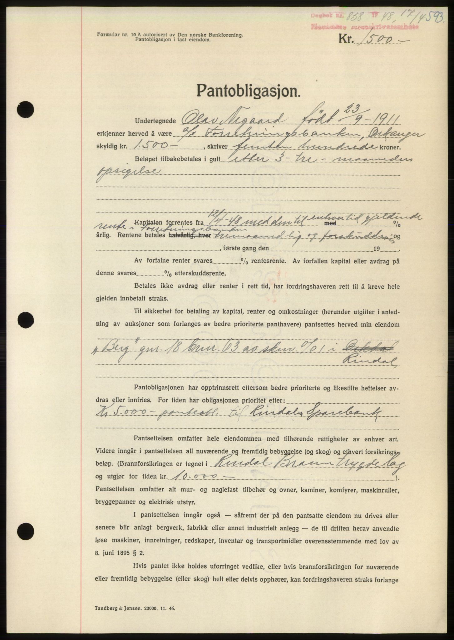 Nordmøre sorenskriveri, AV/SAT-A-4132/1/2/2Ca: Mortgage book no. B98, 1948-1948, Diary no: : 858/1948