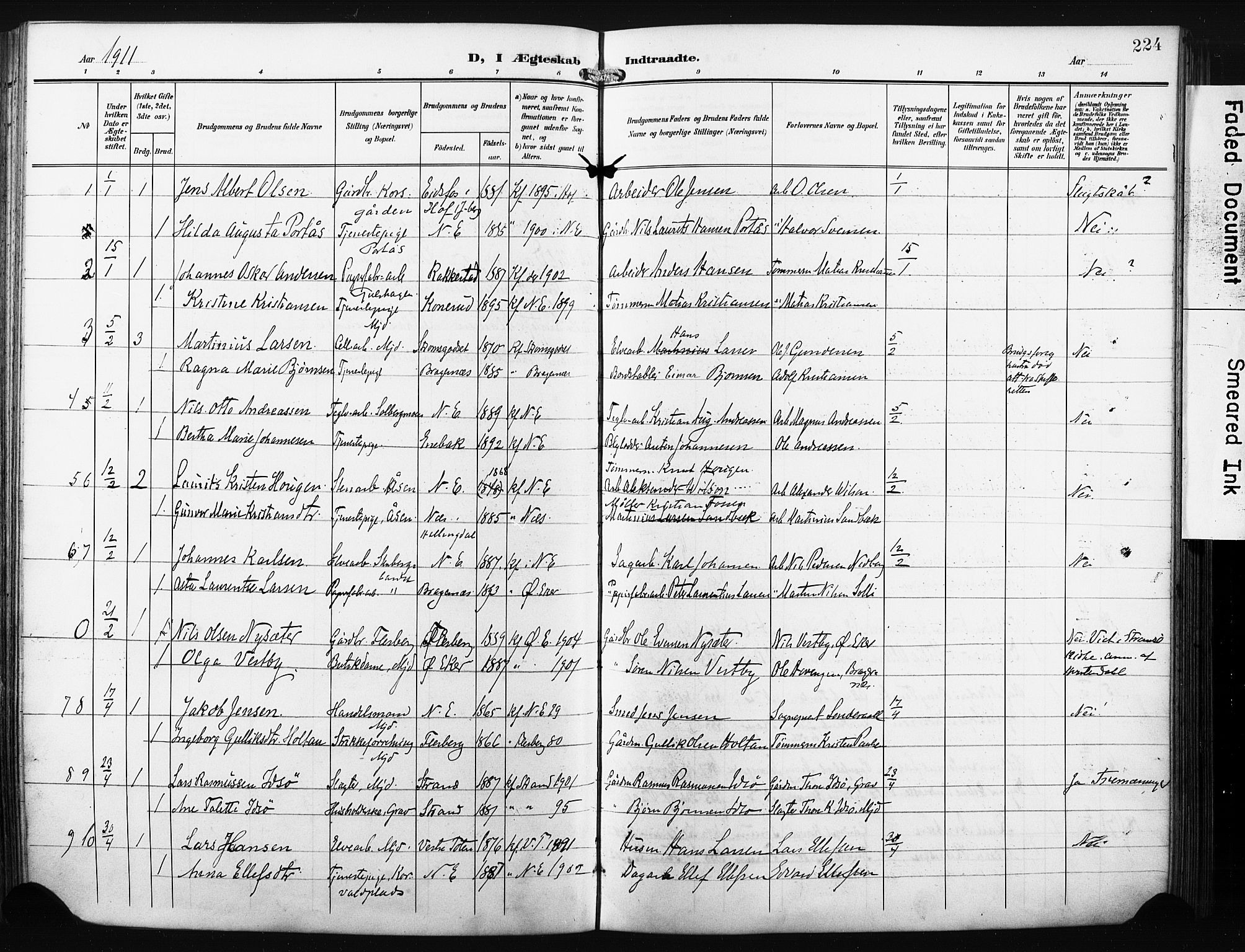 Nedre Eiker kirkebøker, AV/SAKO-A-612/F/Fa/L0006: Parish register (official) no. 6, 1906-1912, p. 224
