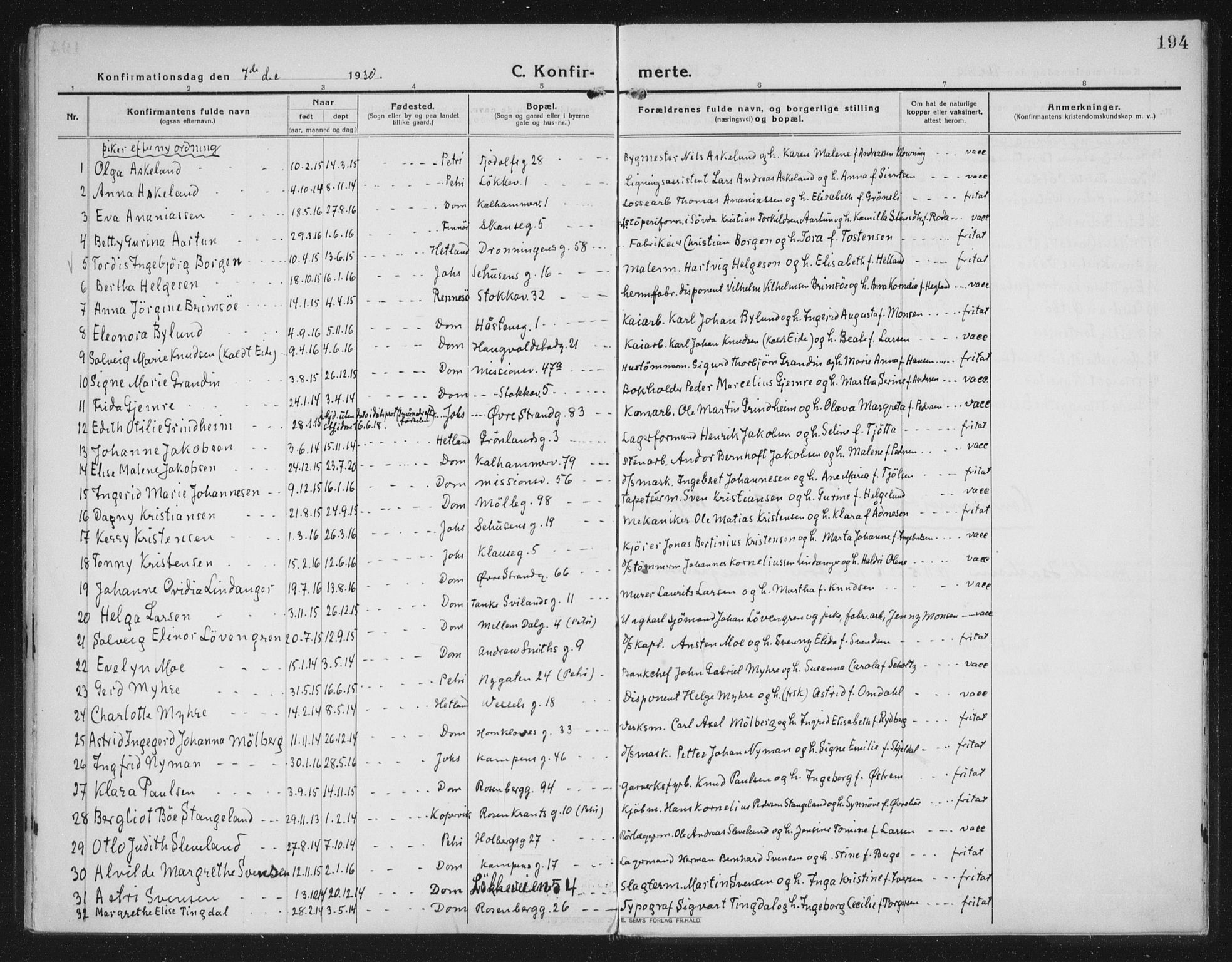 Domkirken sokneprestkontor, AV/SAST-A-101812/002/A/L0019: Parish register (official) no. A 35, 1916-1932, p. 194