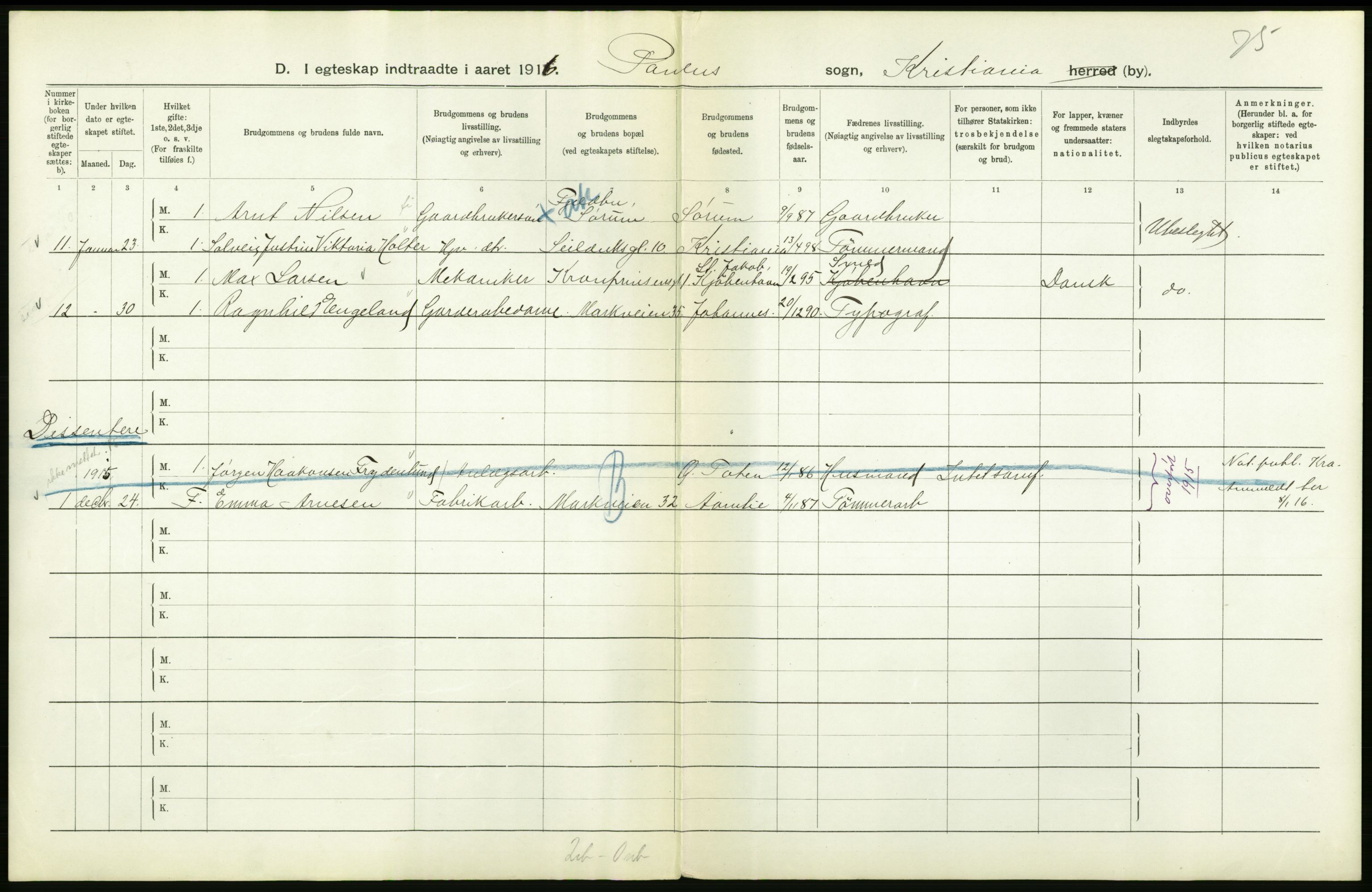 Statistisk sentralbyrå, Sosiodemografiske emner, Befolkning, RA/S-2228/D/Df/Dfb/Dfbf/L0008: Kristiania: Gifte, 1916, p. 722