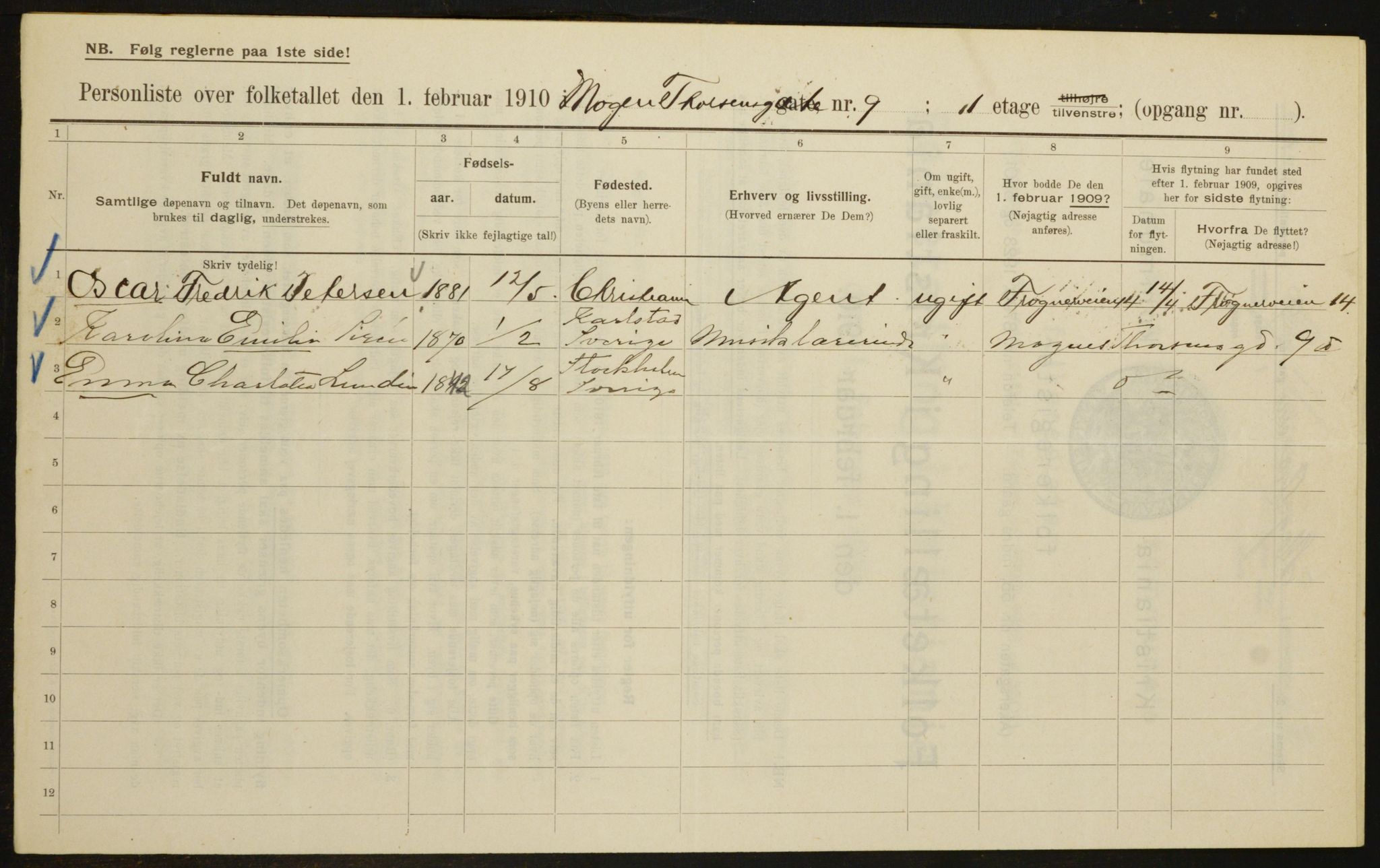 OBA, Municipal Census 1910 for Kristiania, 1910, p. 63494