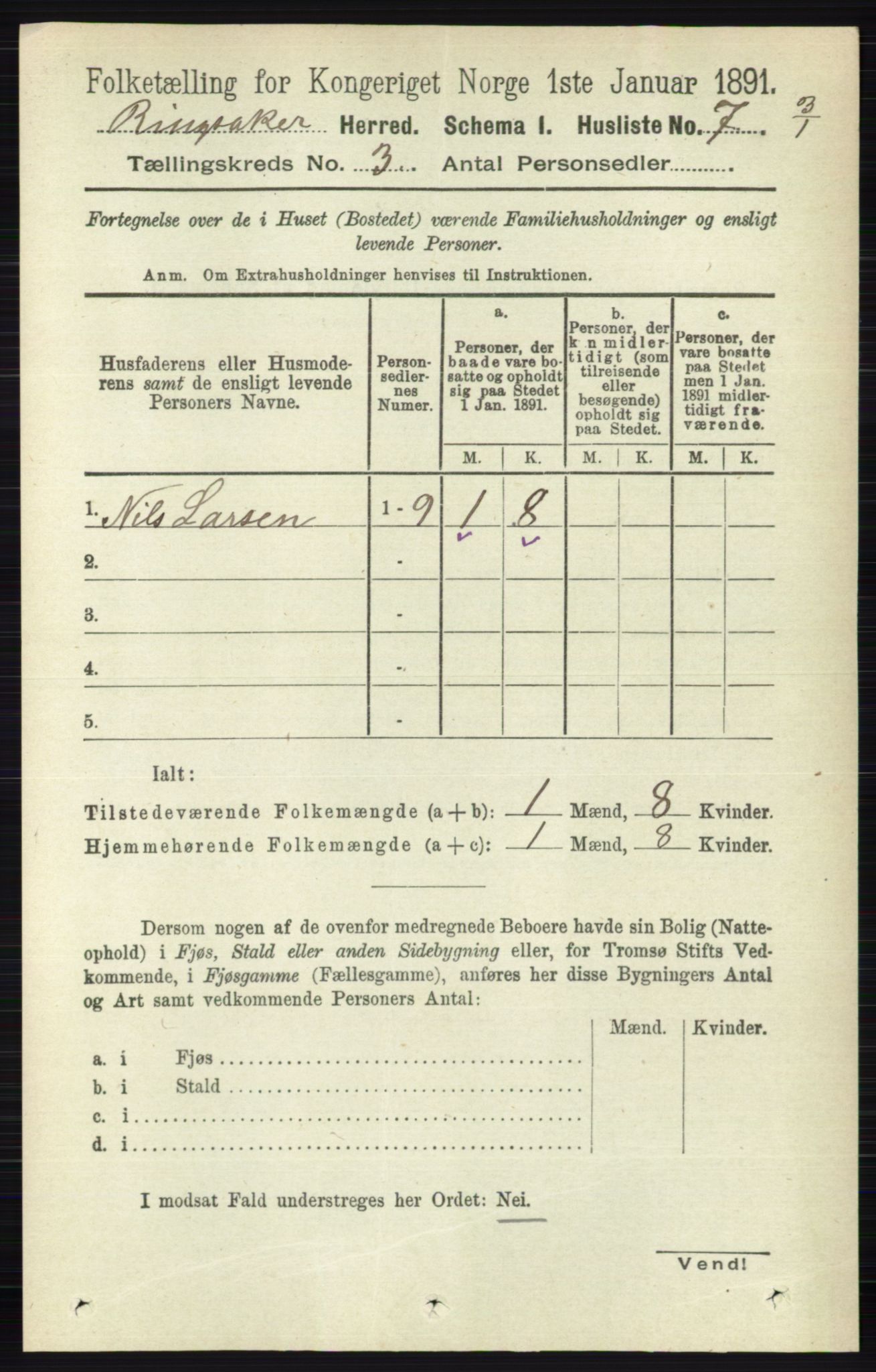 RA, 1891 census for 0412 Ringsaker, 1891, p. 1168