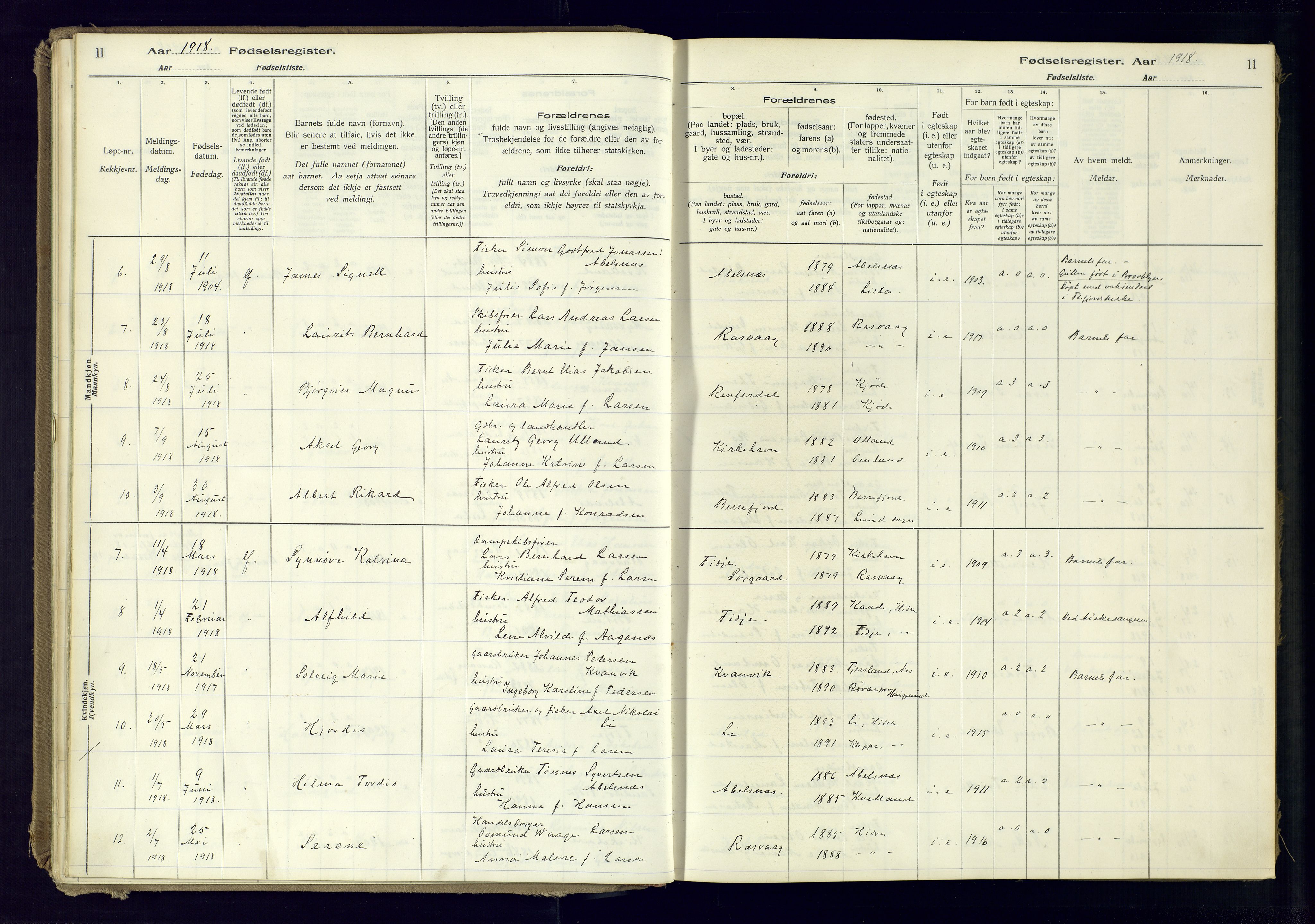 Flekkefjord sokneprestkontor, SAK/1111-0012/J/Ja/L0007: Birth register no. 7, 1916-1982, p. 11