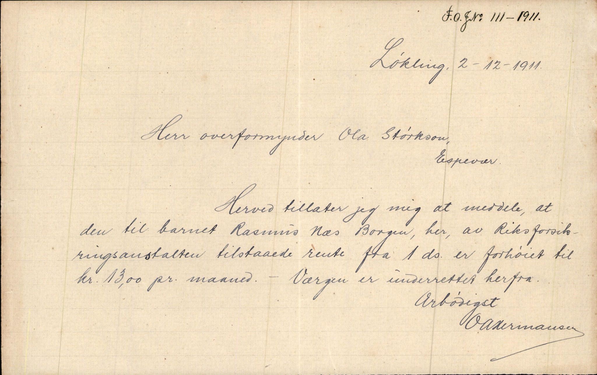 Finnaas kommune. Overformynderiet, IKAH/1218a-812/D/Da/Daa/L0002/0004: Kronologisk ordna korrespondanse / Kronologisk ordna korrespondanse, 1910-1913, p. 87