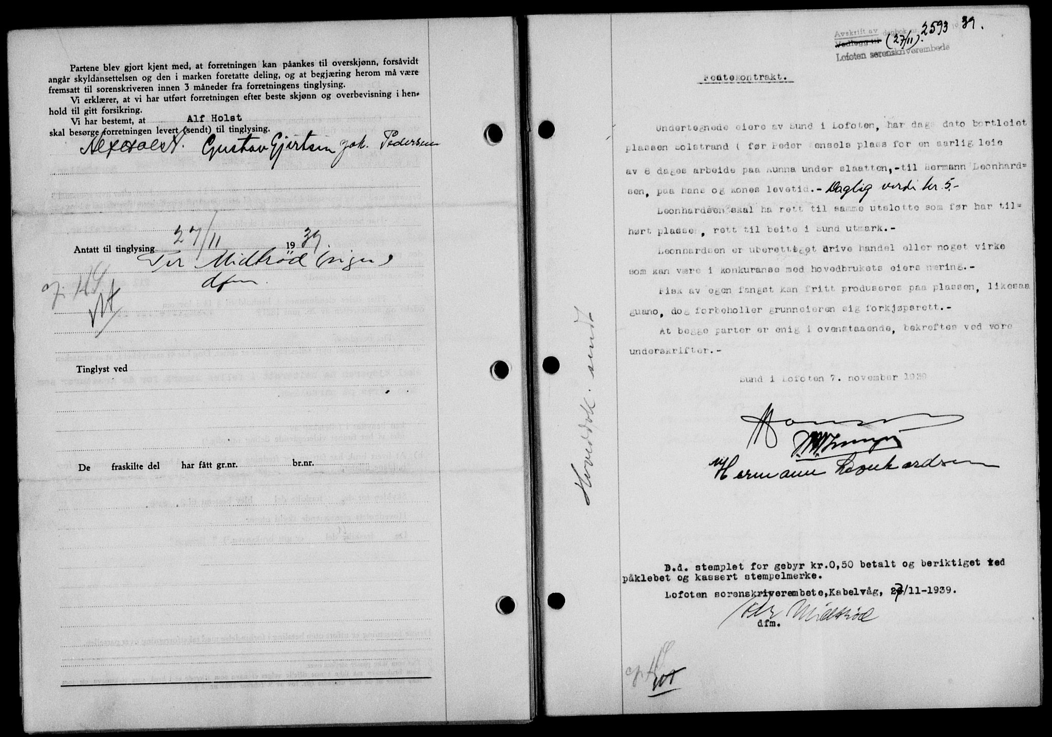 Lofoten sorenskriveri, SAT/A-0017/1/2/2C/L0006a: Mortgage book no. 6a, 1939-1939, Diary no: : 2593/1939