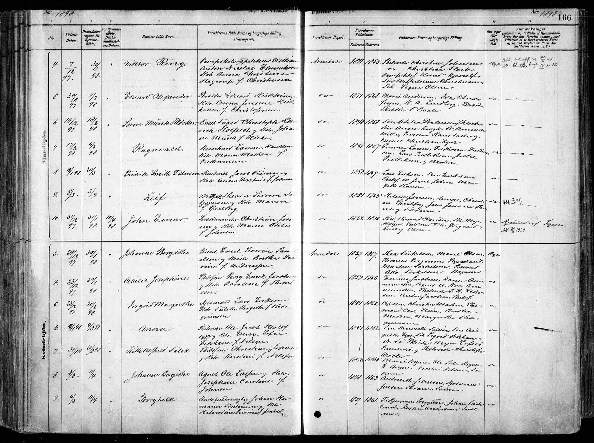 Arendal sokneprestkontor, Trefoldighet, AV/SAK-1111-0040/F/Fa/L0008: Parish register (official) no. A 8, 1878-1899, p. 166