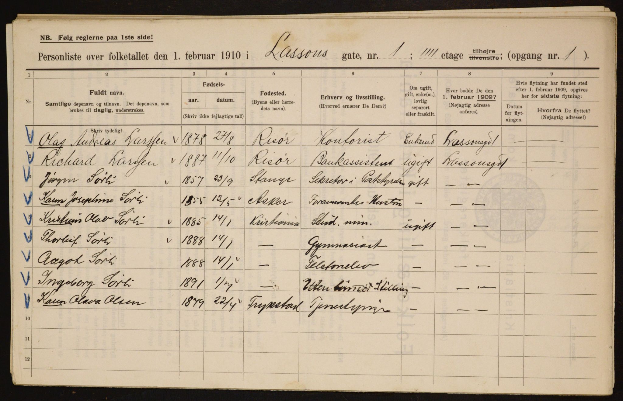 OBA, Municipal Census 1910 for Kristiania, 1910, p. 55253