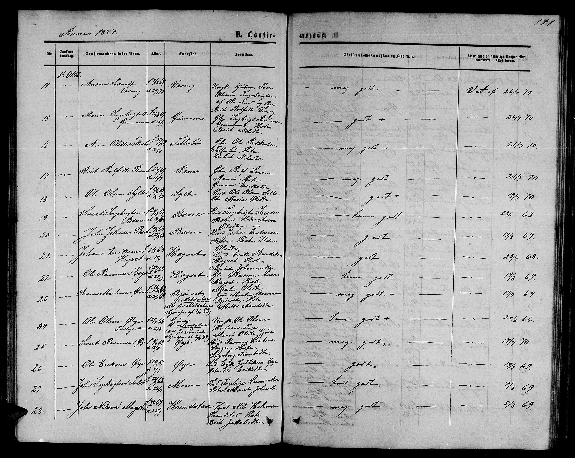 Ministerialprotokoller, klokkerbøker og fødselsregistre - Møre og Romsdal, SAT/A-1454/595/L1051: Parish register (copy) no. 595C03, 1866-1891, p. 141